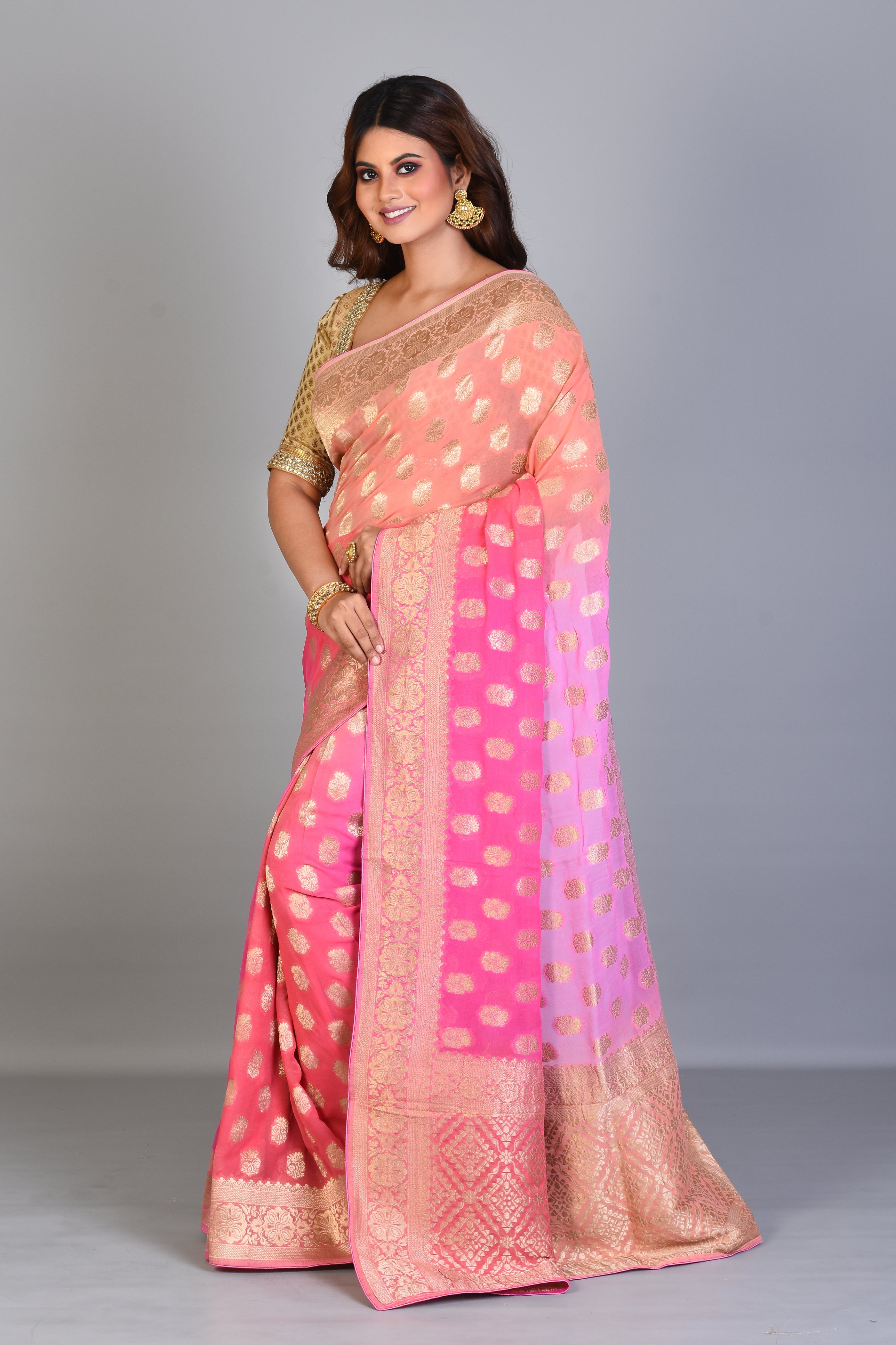 Designer Peachy Pink Georgette Khaddi Saree with Jal Work - Keya Seth Exclusive