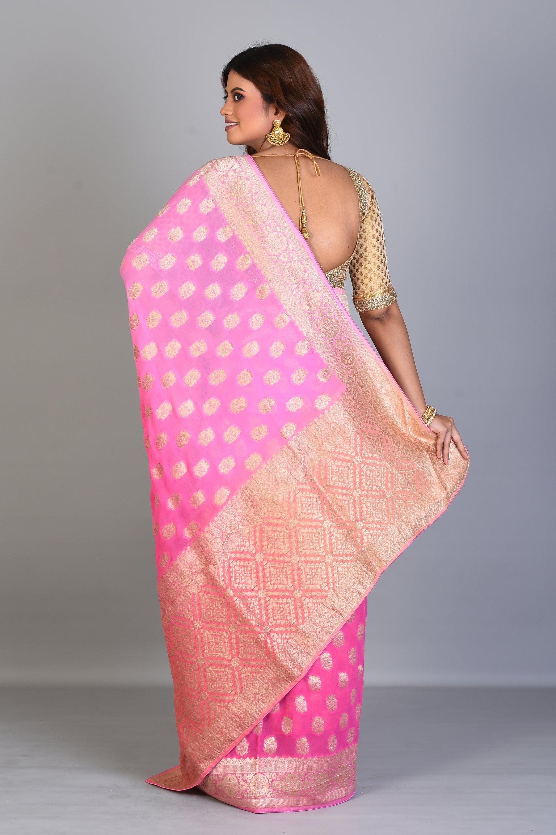 Designer Peachy Pink Georgette Khaddi Saree with Jal Work - Keya Seth Exclusive