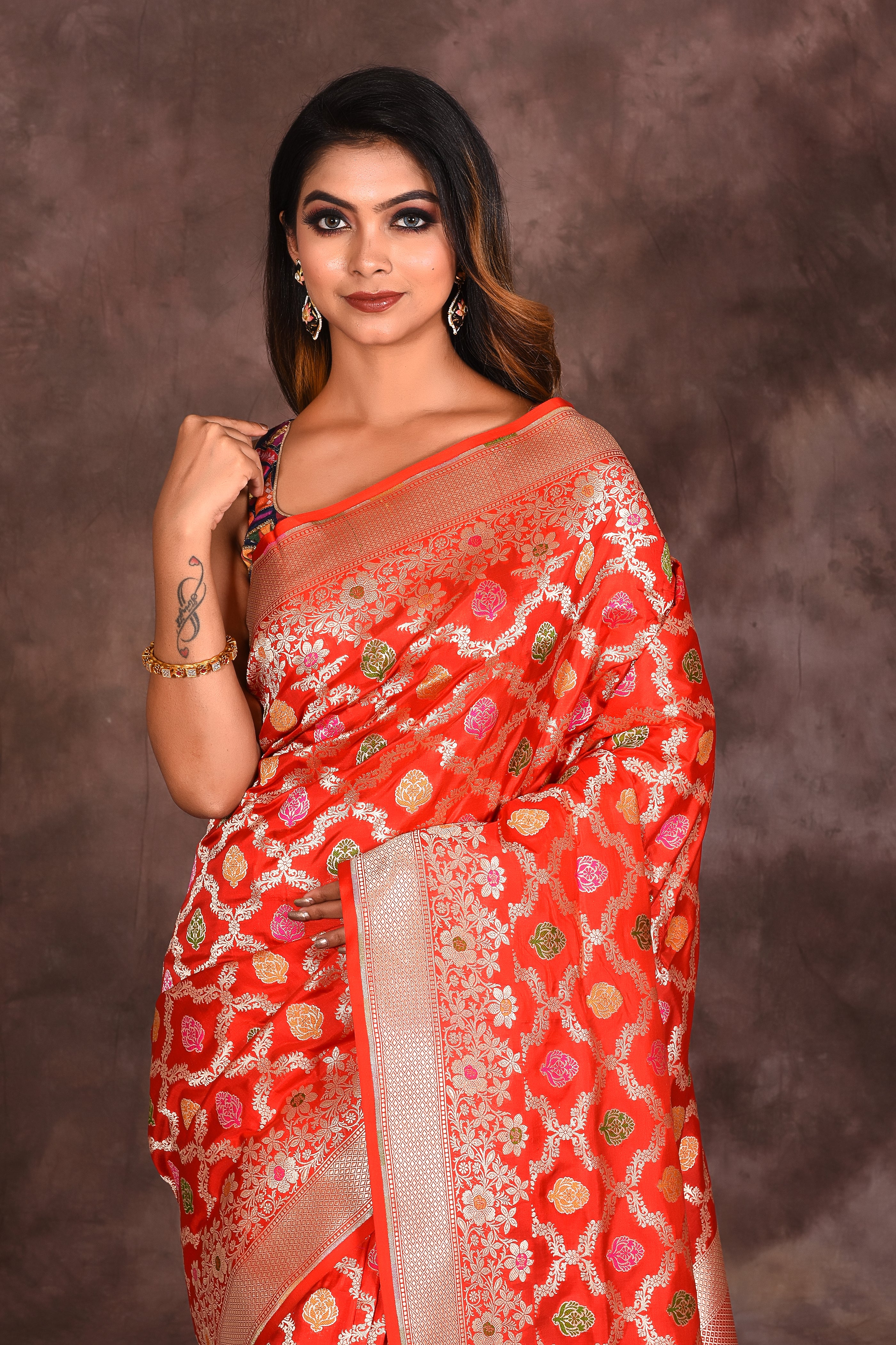 Bright Red Pure Katan Silk Saree - Keya Seth Exclusive