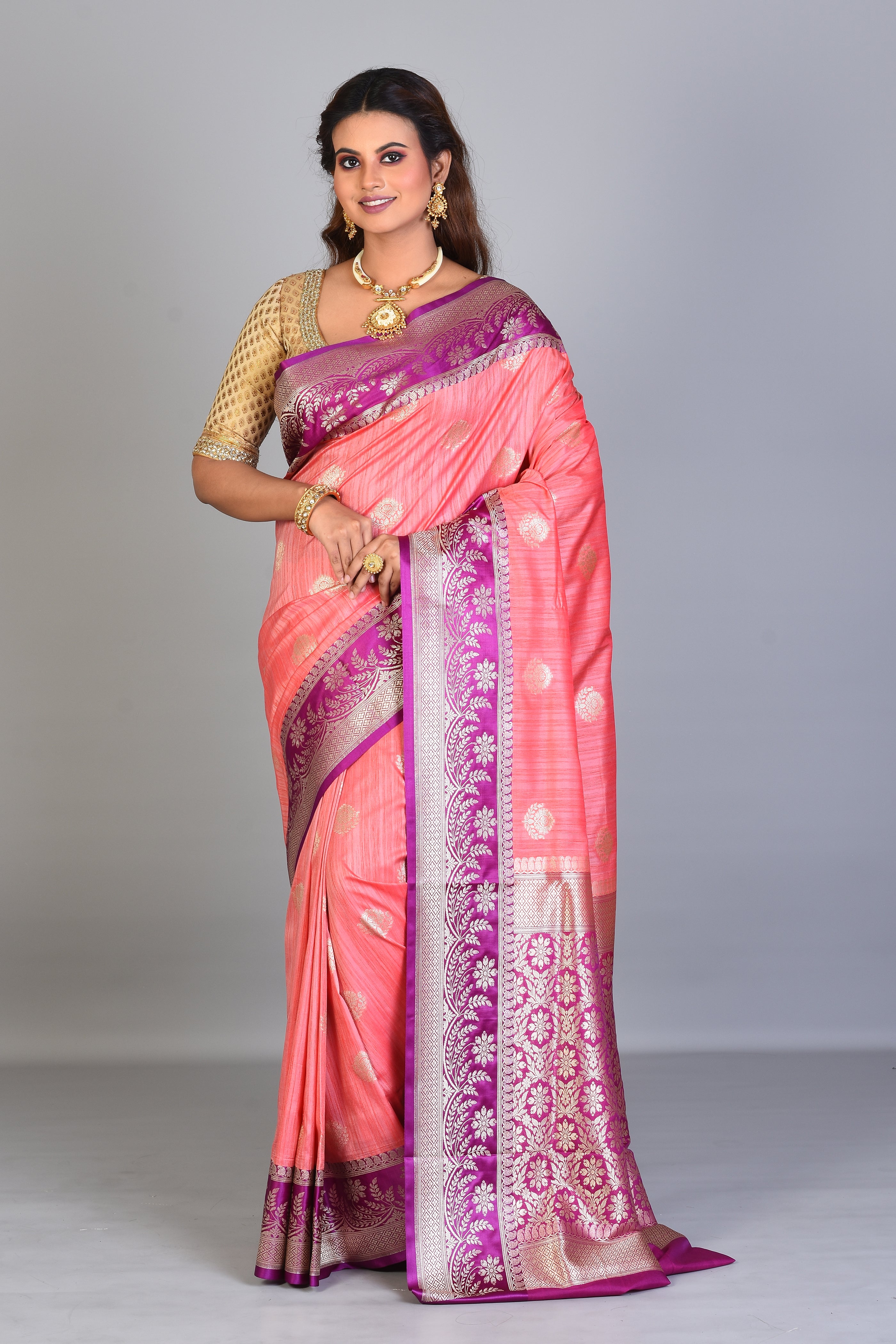 Peach Blended Tussar Saree with Magenta Borders - Keya Seth Exclusive