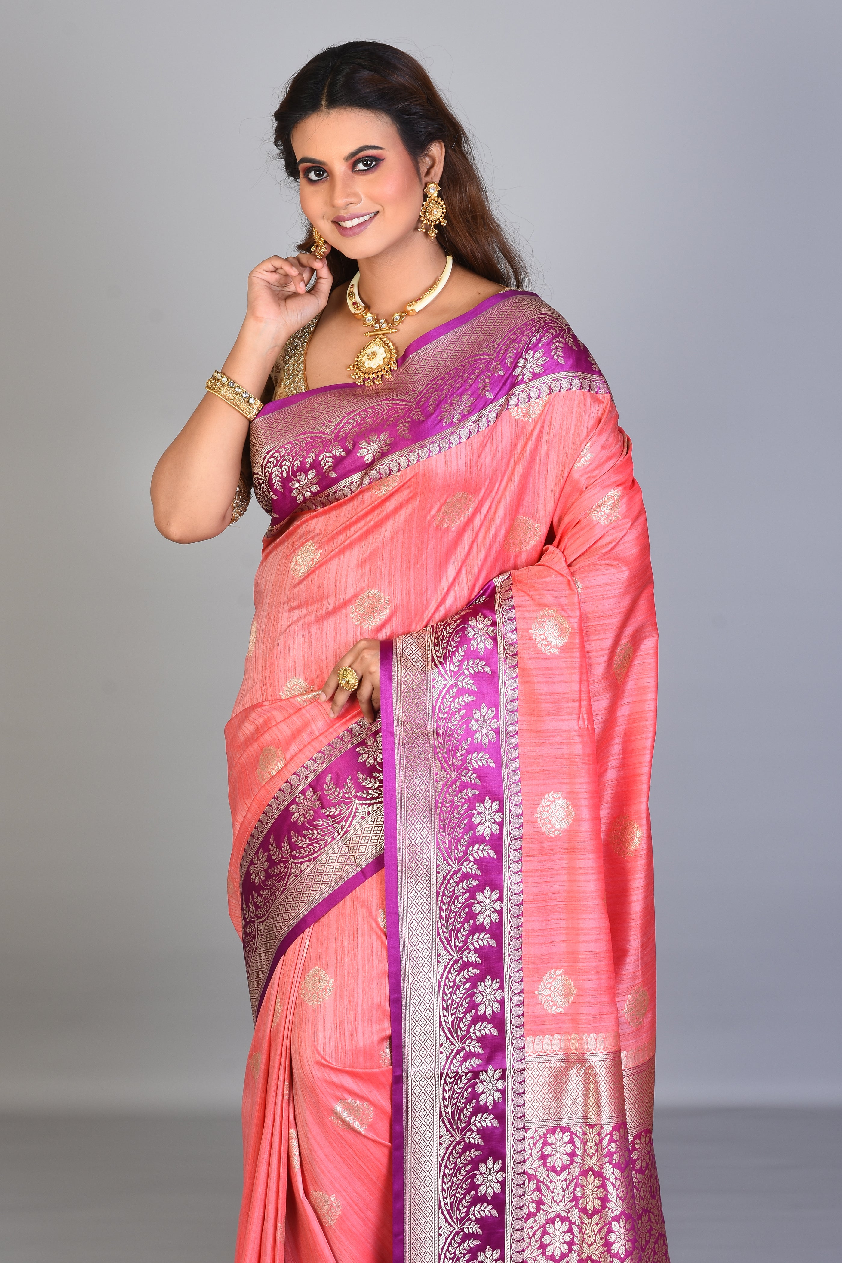 Peach Blended Tussar Saree with Magenta Borders - Keya Seth Exclusive