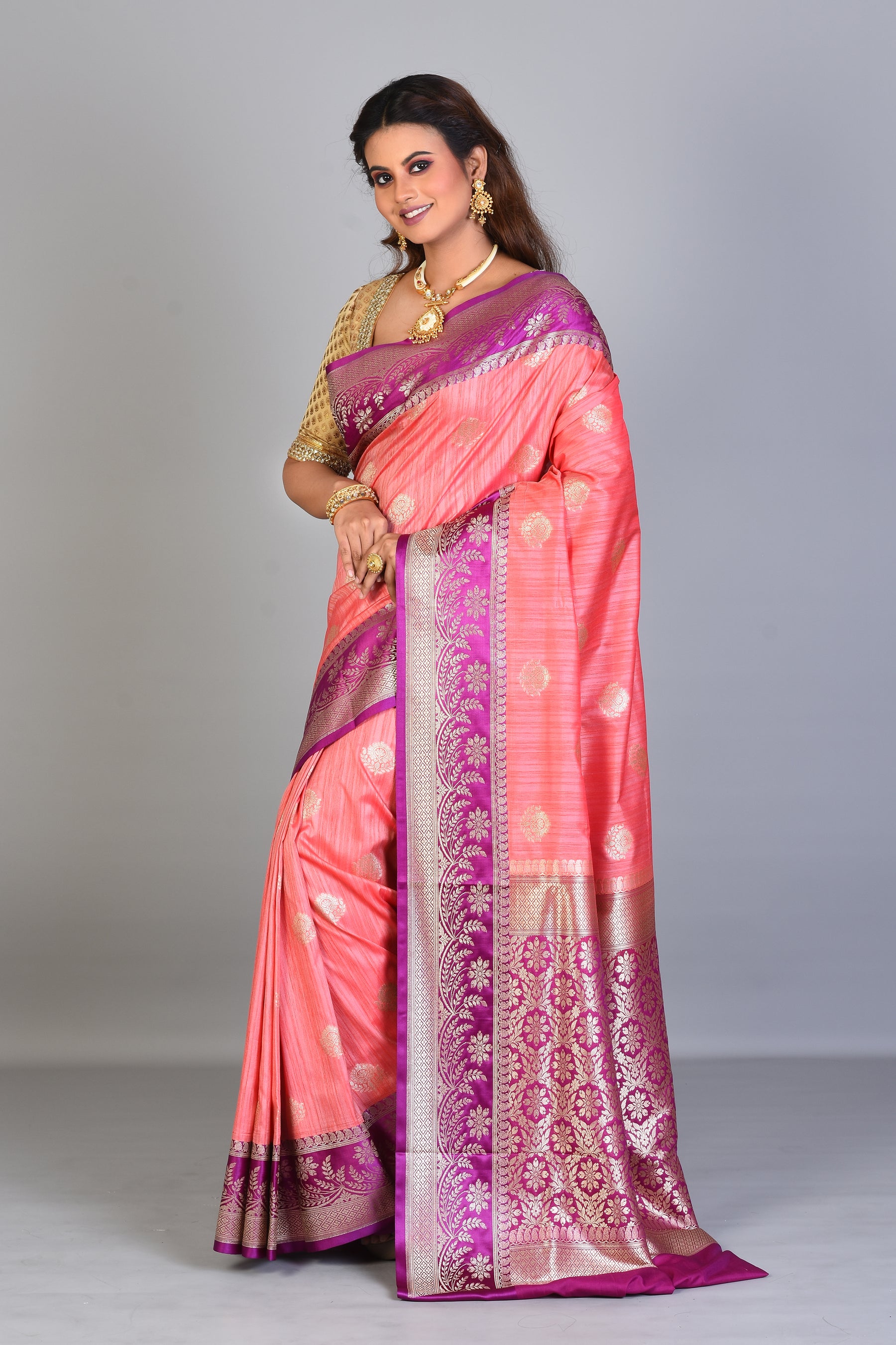 Peach Blended Tussar Saree with Magenta Borders - Keya Seth Exclusive