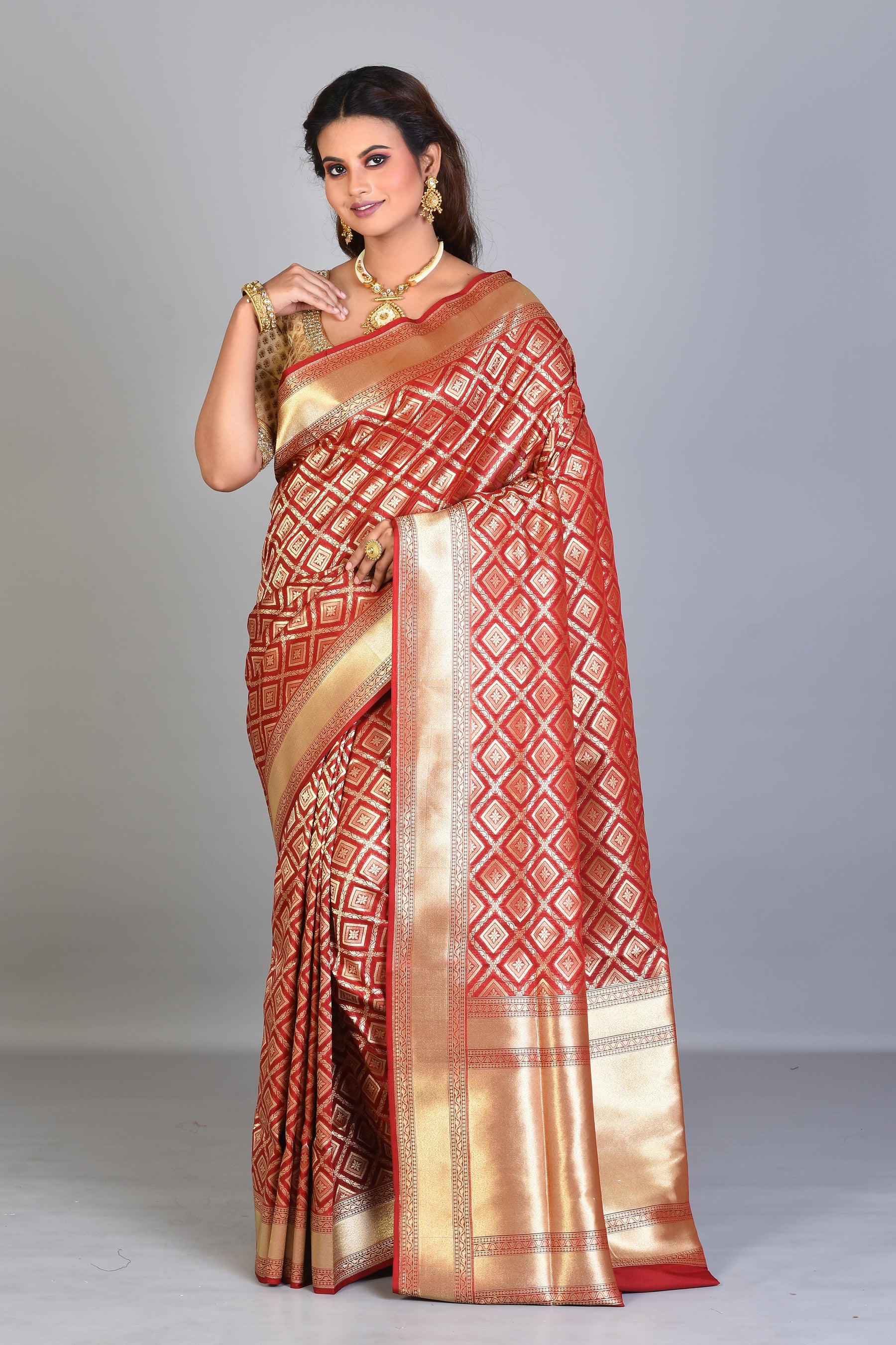 Red Blended Silk Saree with Golden Borders - Keya Seth Exclusive