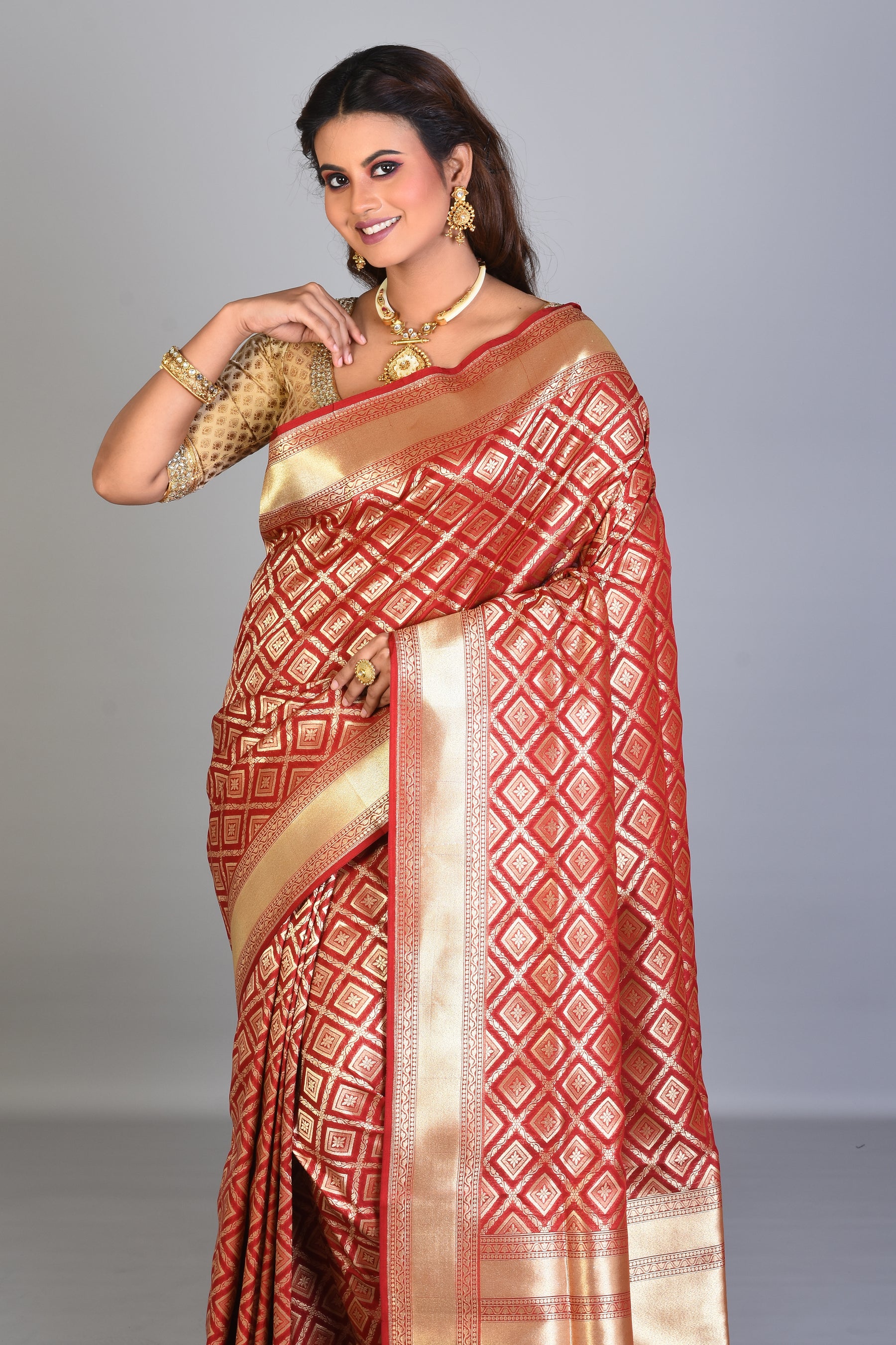 Red Blended Silk Saree with Golden Borders - Keya Seth Exclusive