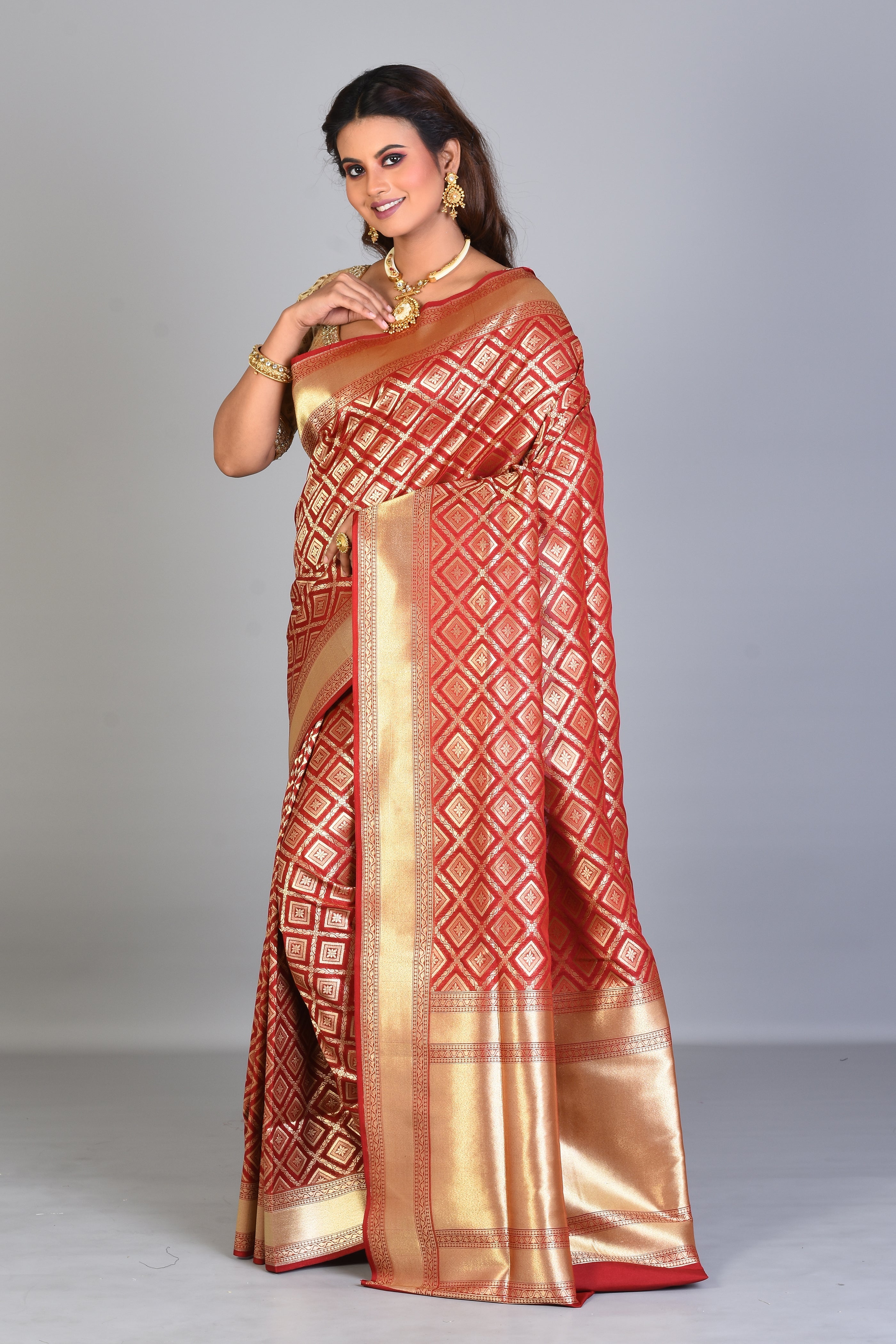 Red Blended Silk Saree with Golden Borders - Keya Seth Exclusive