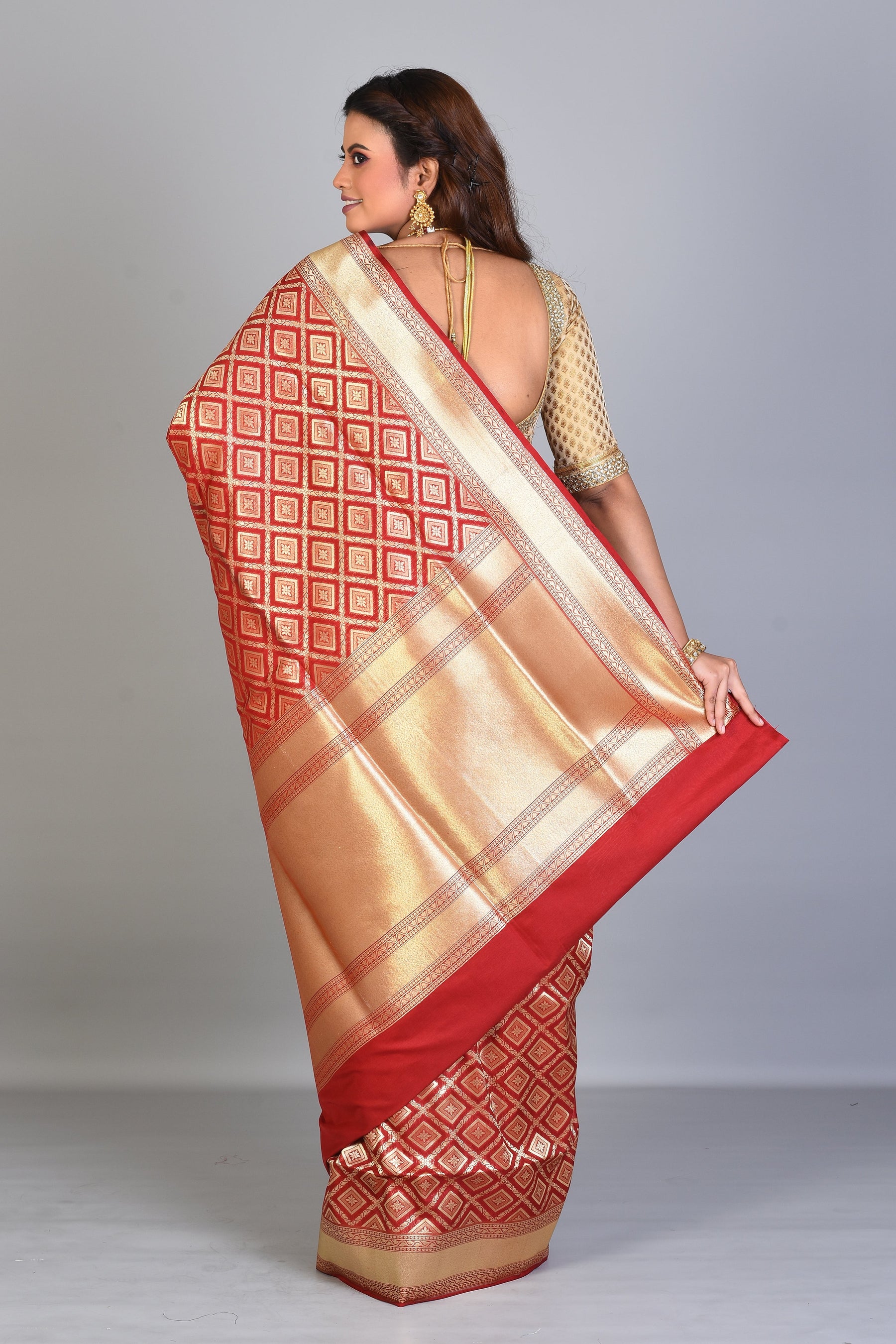 Red Blended Silk Saree with Golden Borders - Keya Seth Exclusive