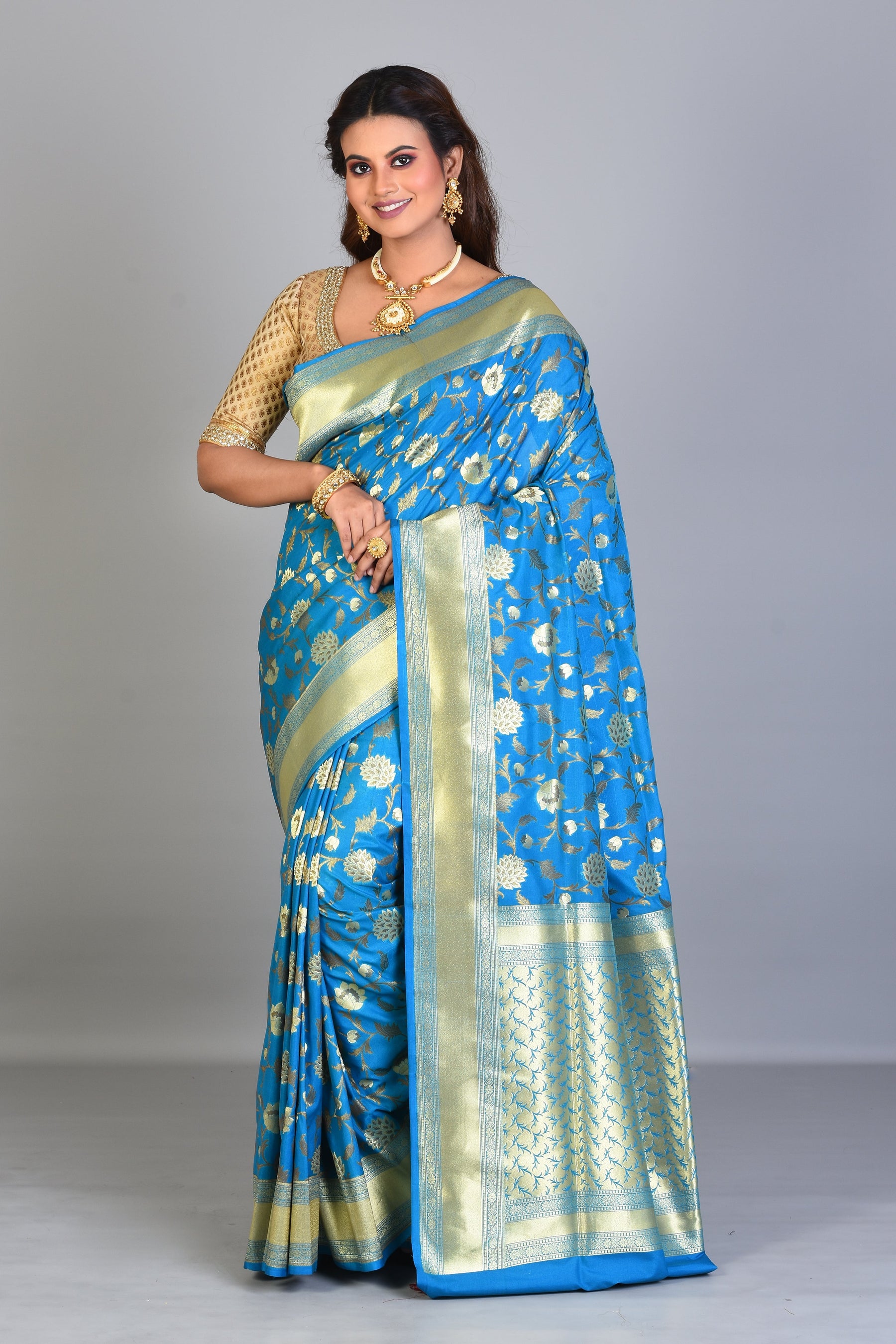 Blue Blended Silk Saree with Golden Borders - Keya Seth Exclusive