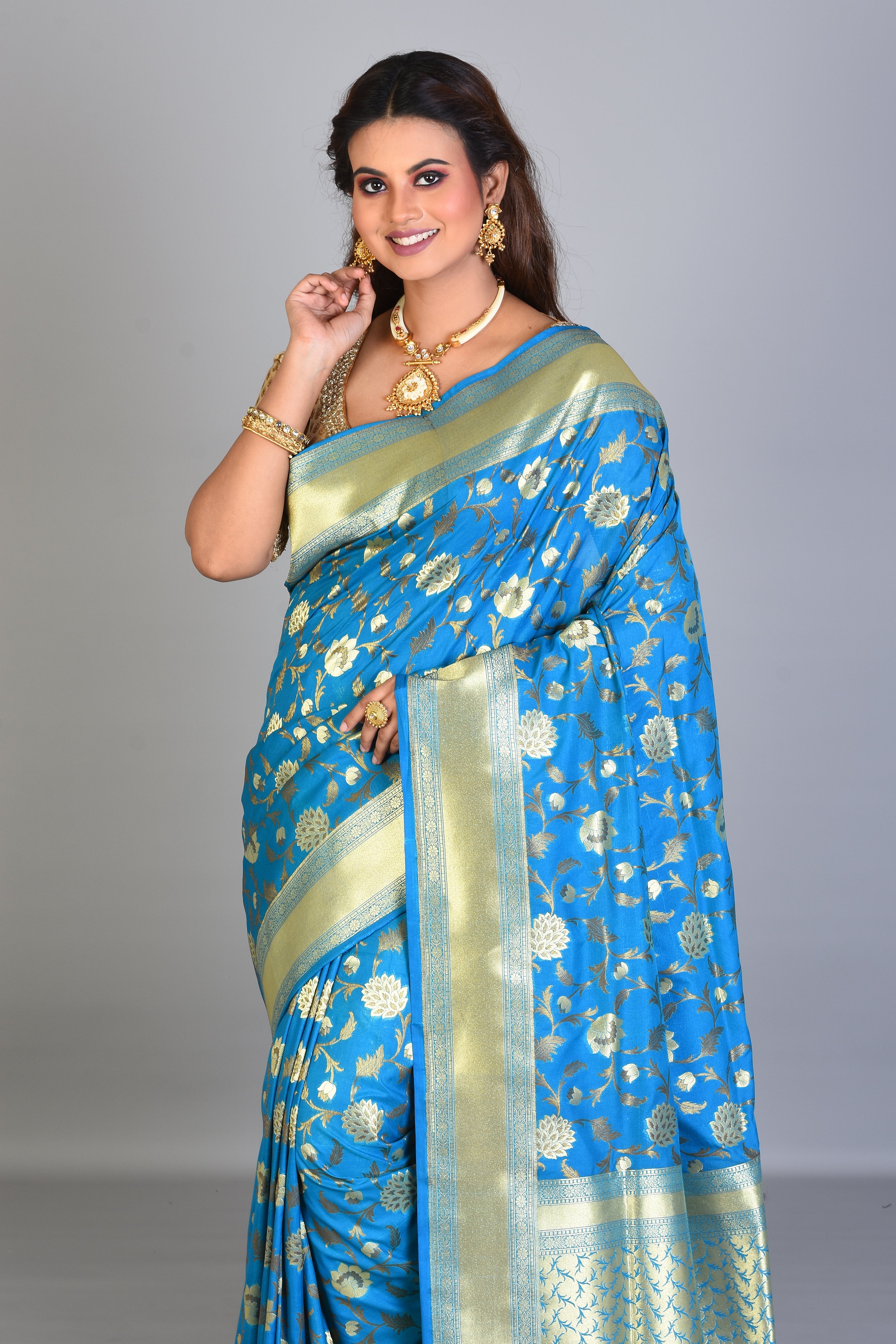 Blue Blended Silk Saree with Golden Borders - Keya Seth Exclusive