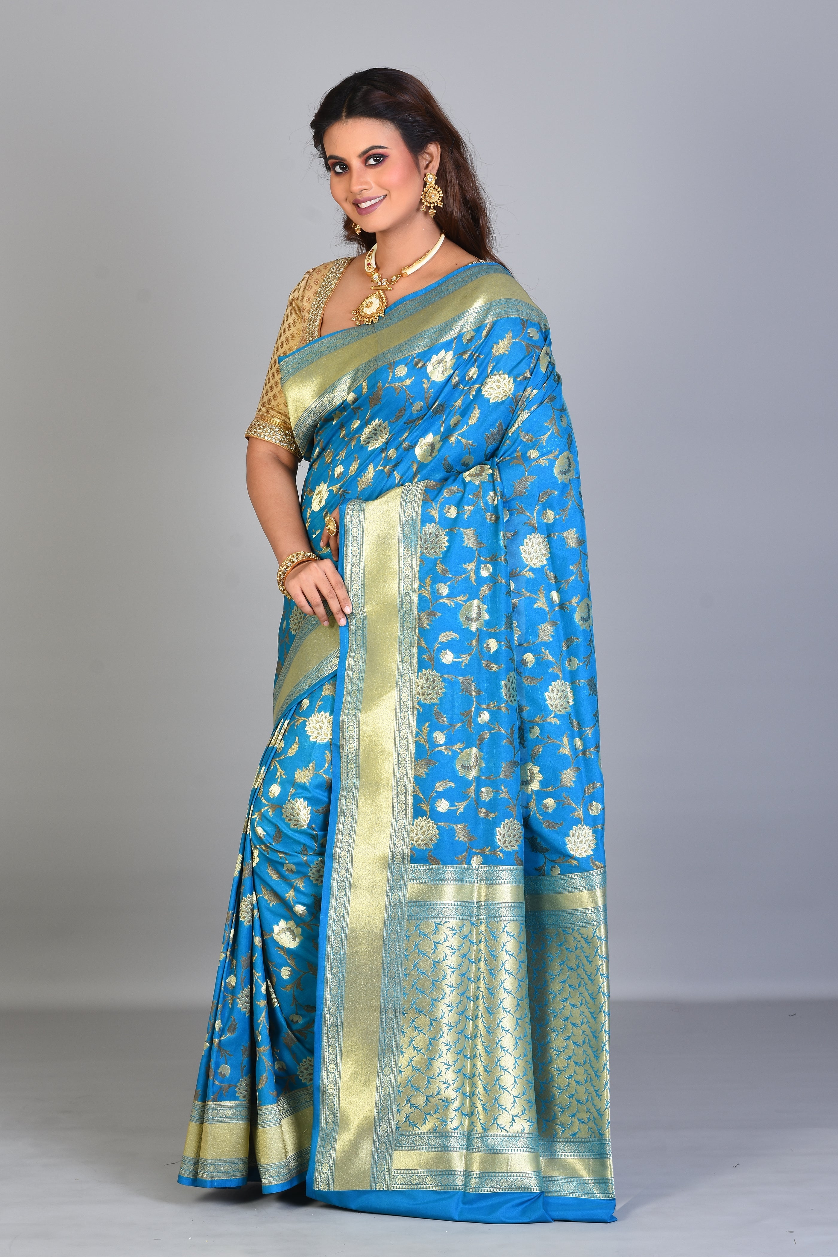 Blue Blended Silk Saree with Golden Borders - Keya Seth Exclusive