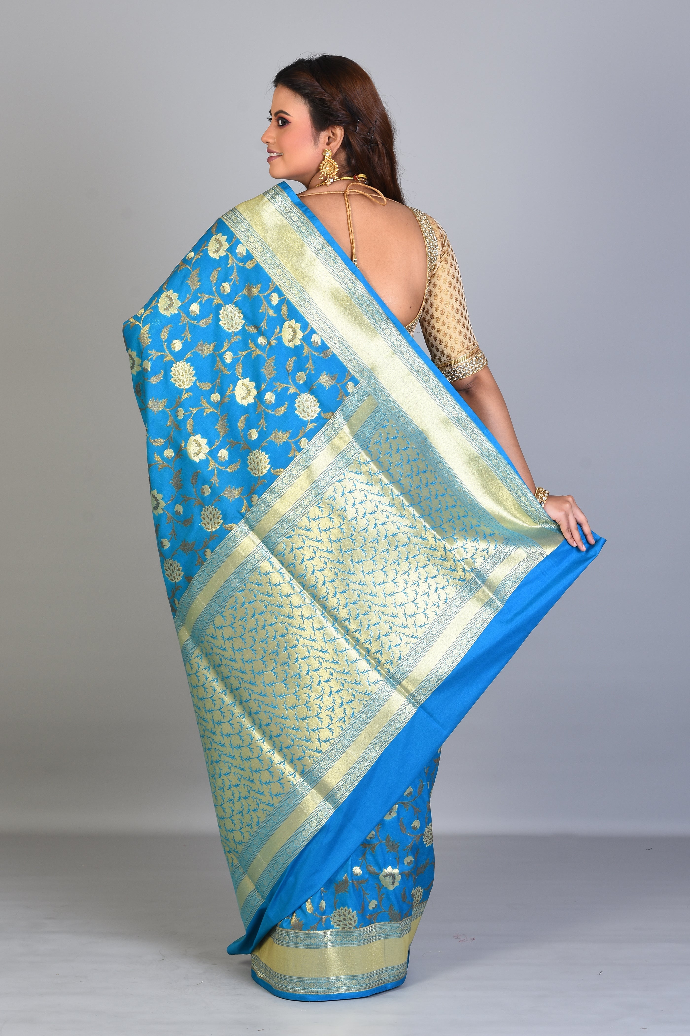 Blue Blended Silk Saree with Golden Borders - Keya Seth Exclusive