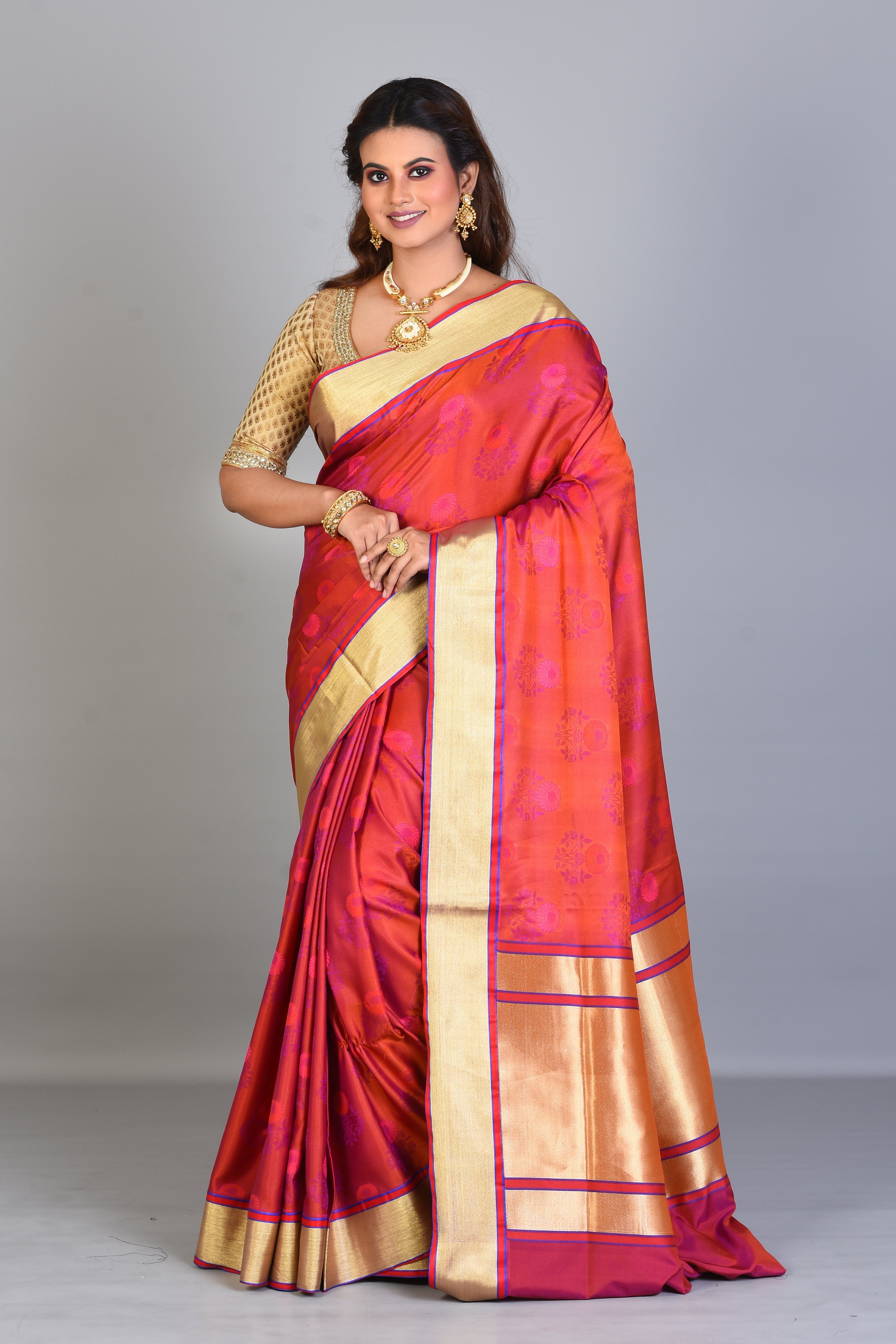 Orange & Pink Blended Silk Saree with Golden Borders - Keya Seth Exclusive