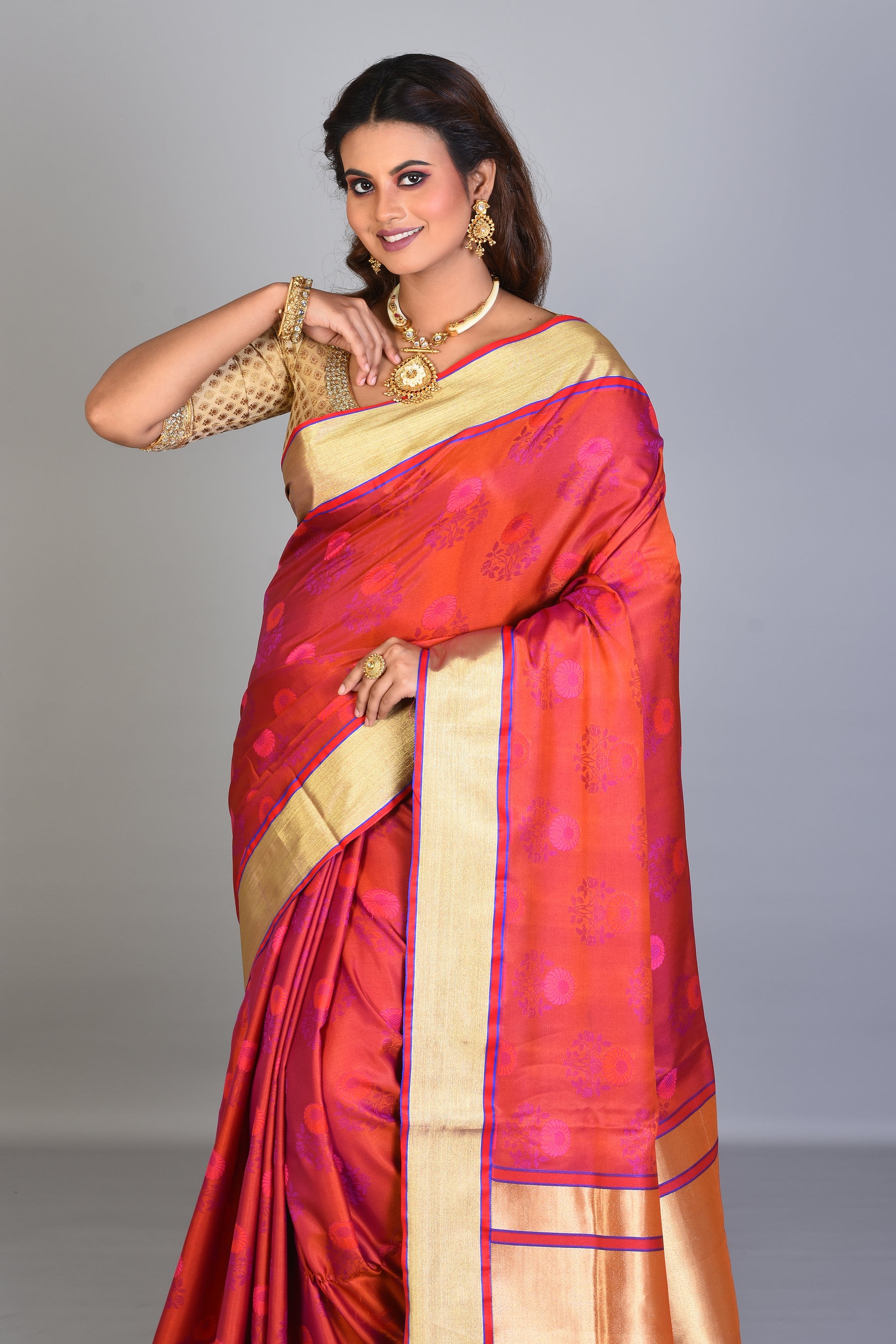 Orange & Pink Blended Silk Saree with Golden Borders - Keya Seth Exclusive