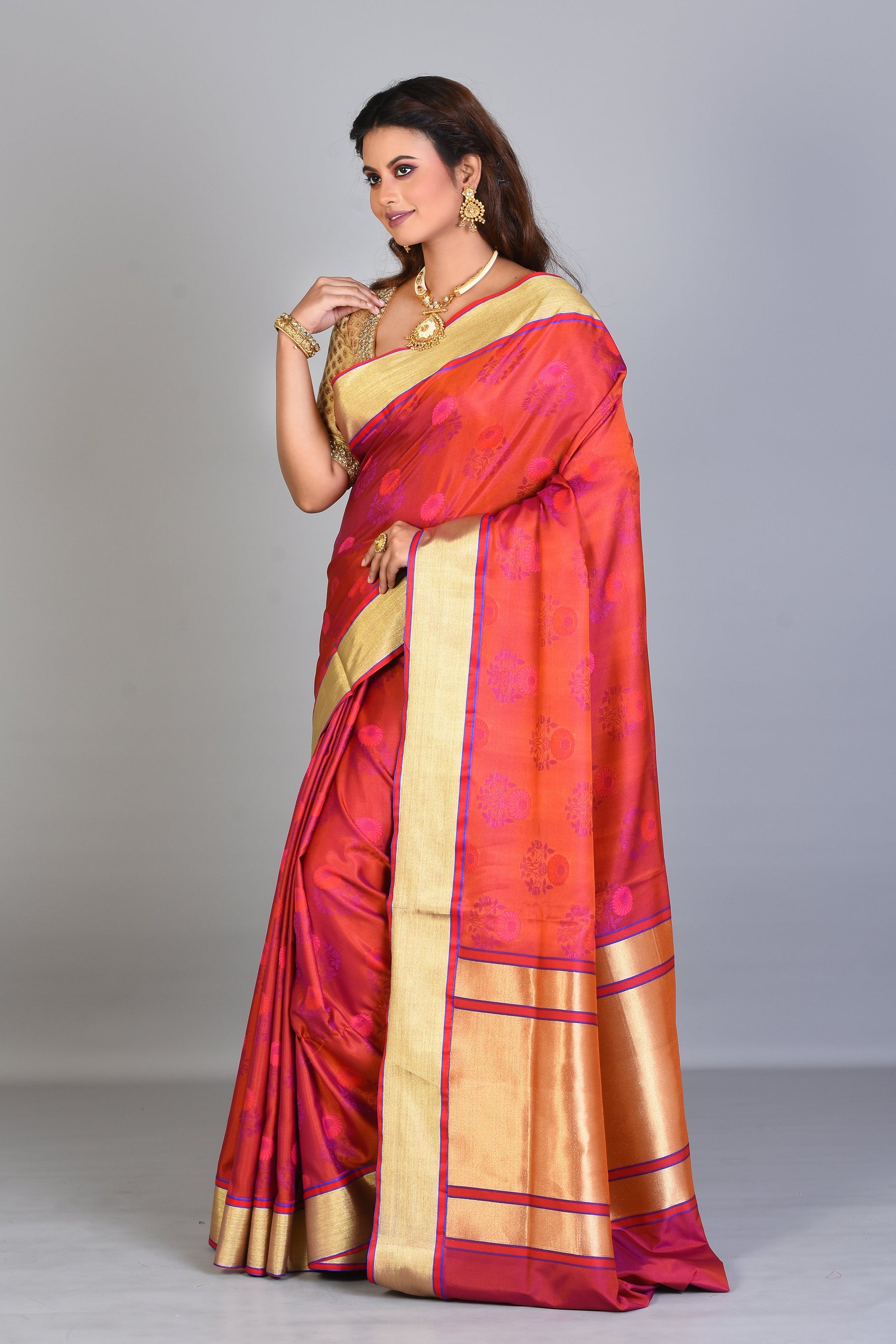 Orange & Pink Blended Silk Saree with Golden Borders - Keya Seth Exclusive