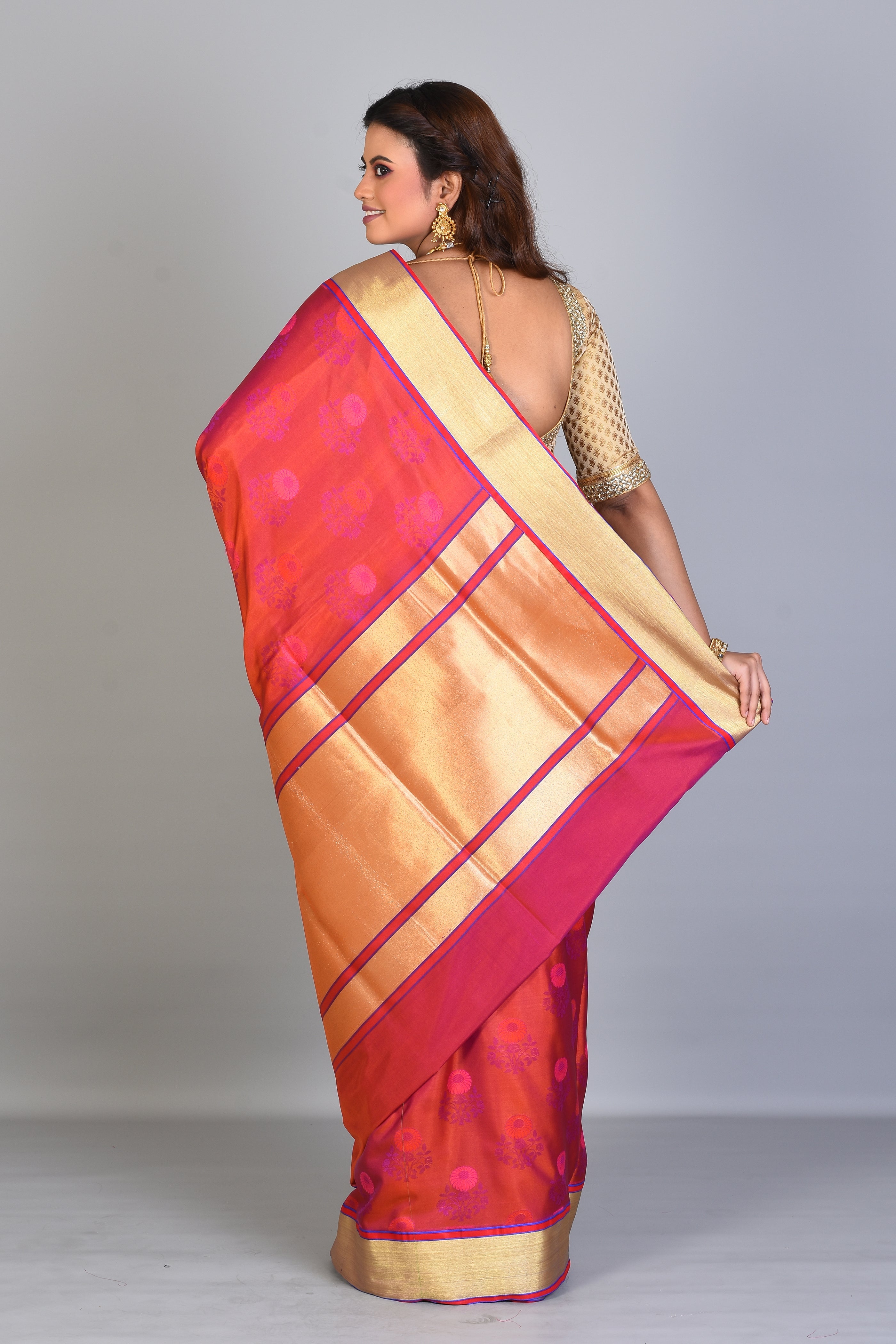 Orange & Pink Blended Silk Saree with Golden Borders - Keya Seth Exclusive