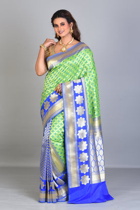 Green Patli Pallu Blended Silk Saree with Blue Borders - Keya Seth Exclusive