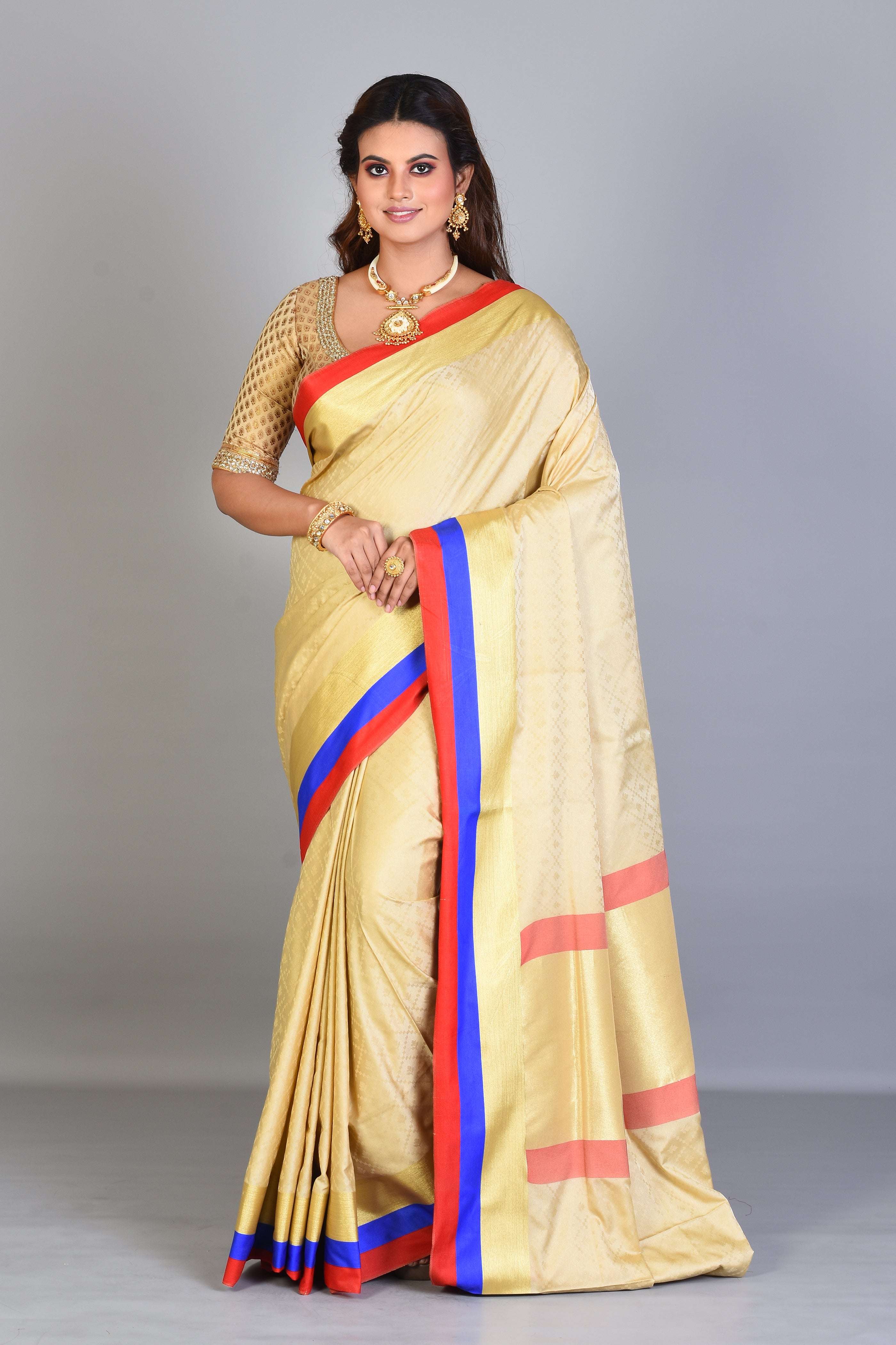 Beige Blended Silk Saree with Blue & Red Borders - Keya Seth Exclusive