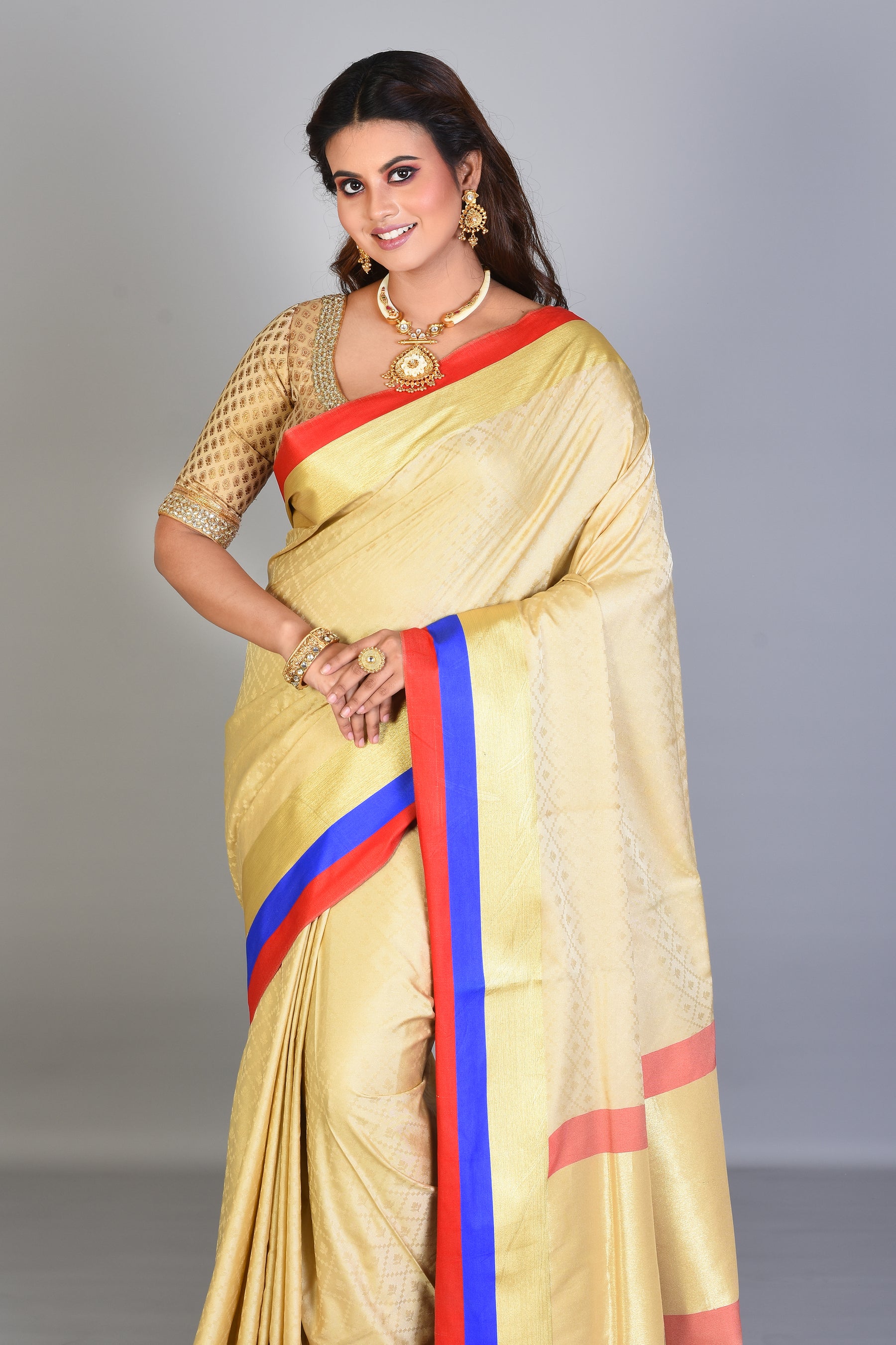 Beige Blended Silk Saree with Blue & Red Borders - Keya Seth Exclusive