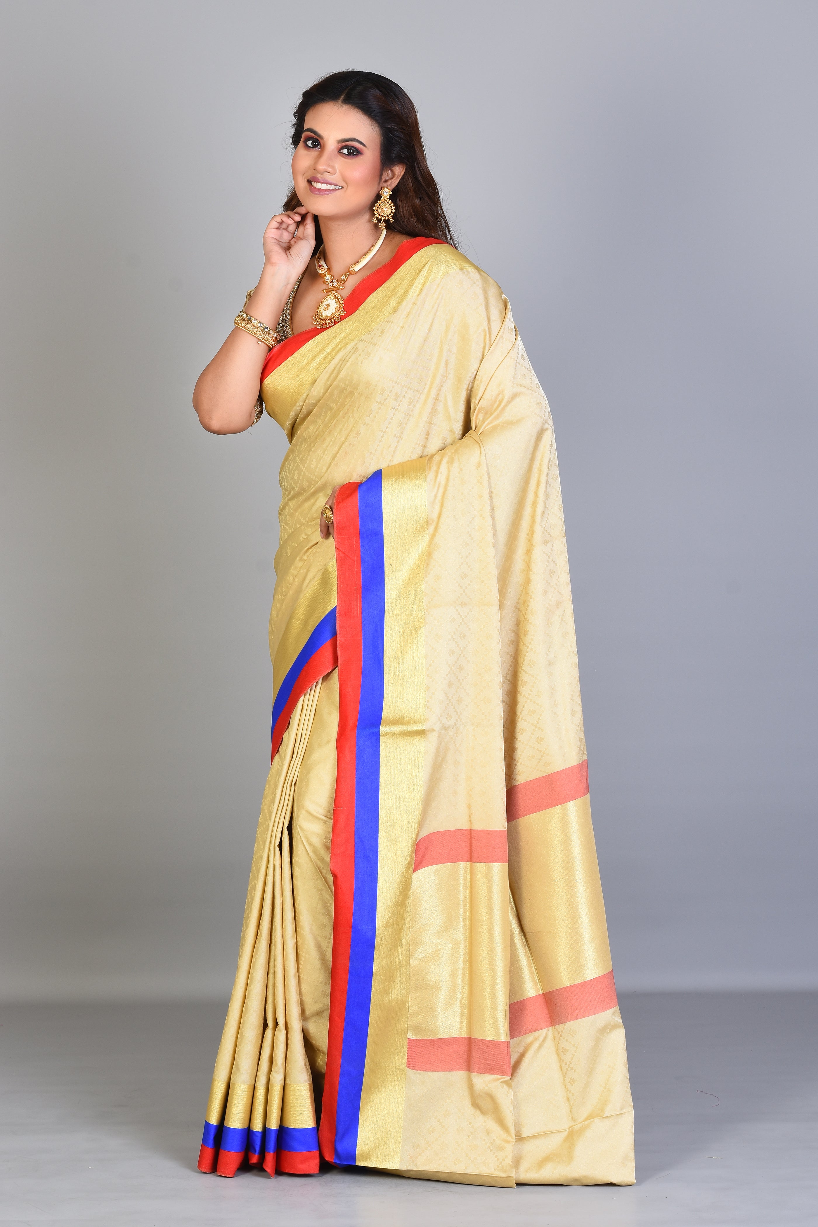 Beige Blended Silk Saree with Blue & Red Borders - Keya Seth Exclusive