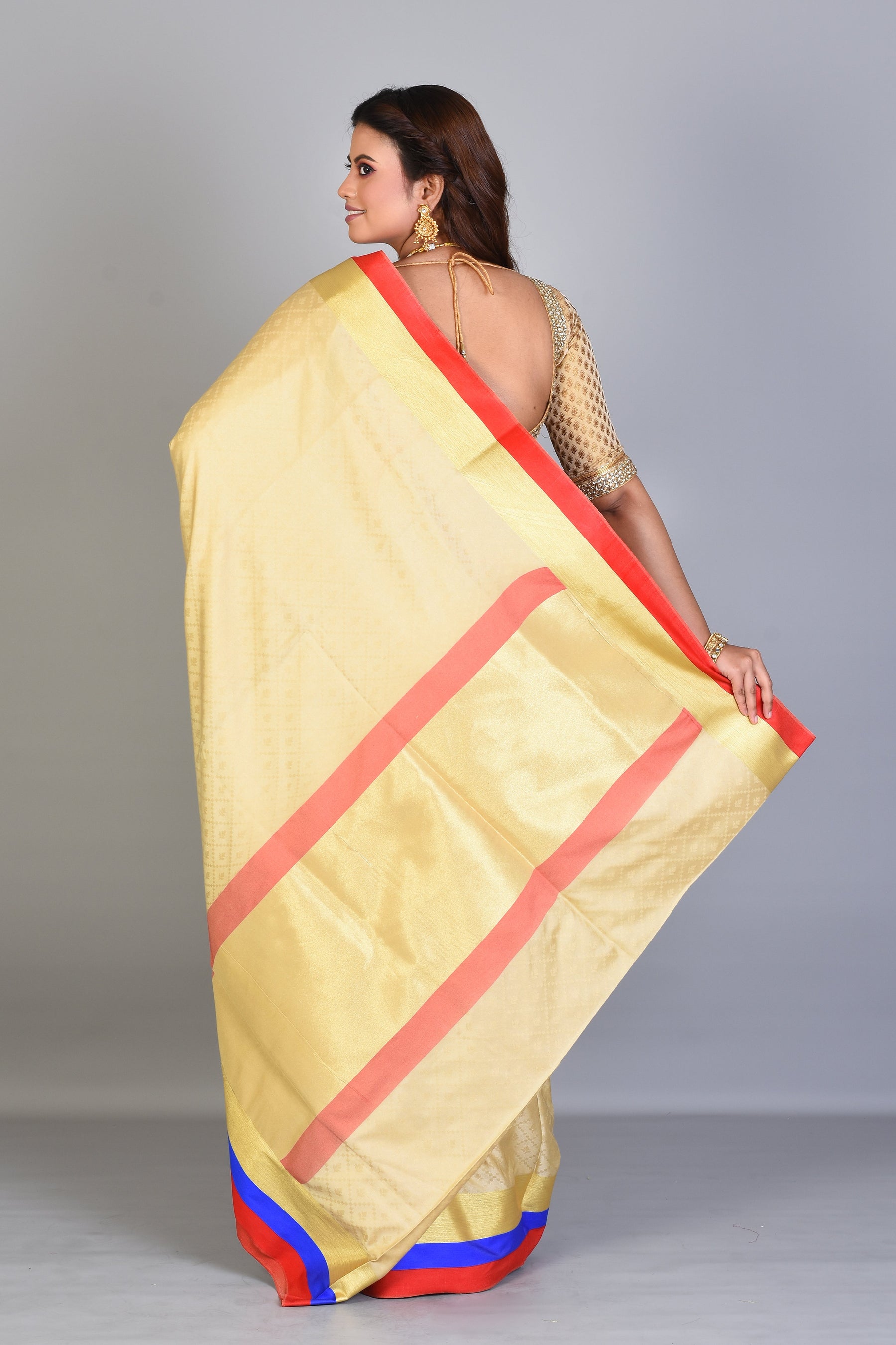 Beige Blended Silk Saree with Blue & Red Borders - Keya Seth Exclusive