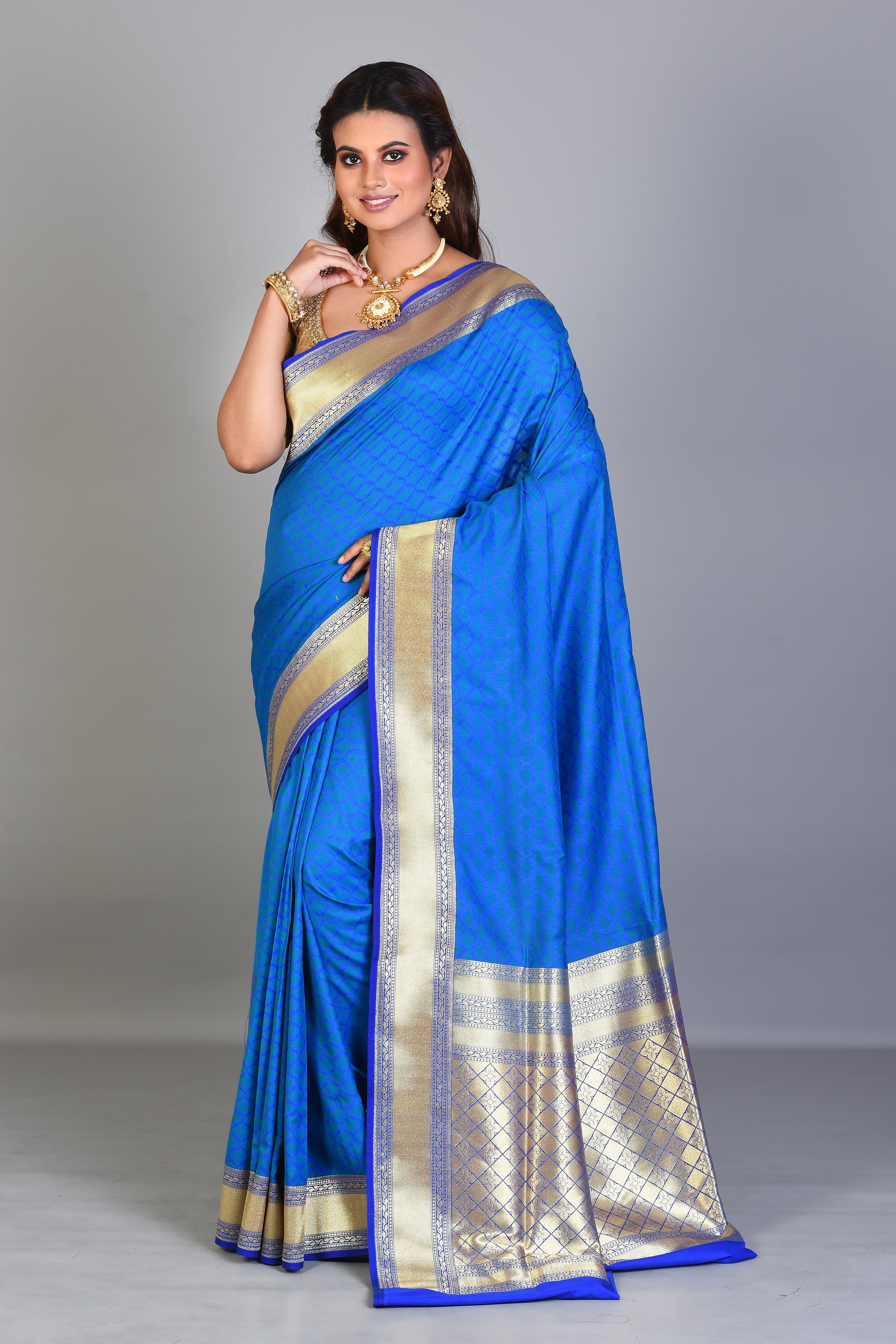 Blue Blended Silk Saree with Golden Borders - Keya Seth Exclusive