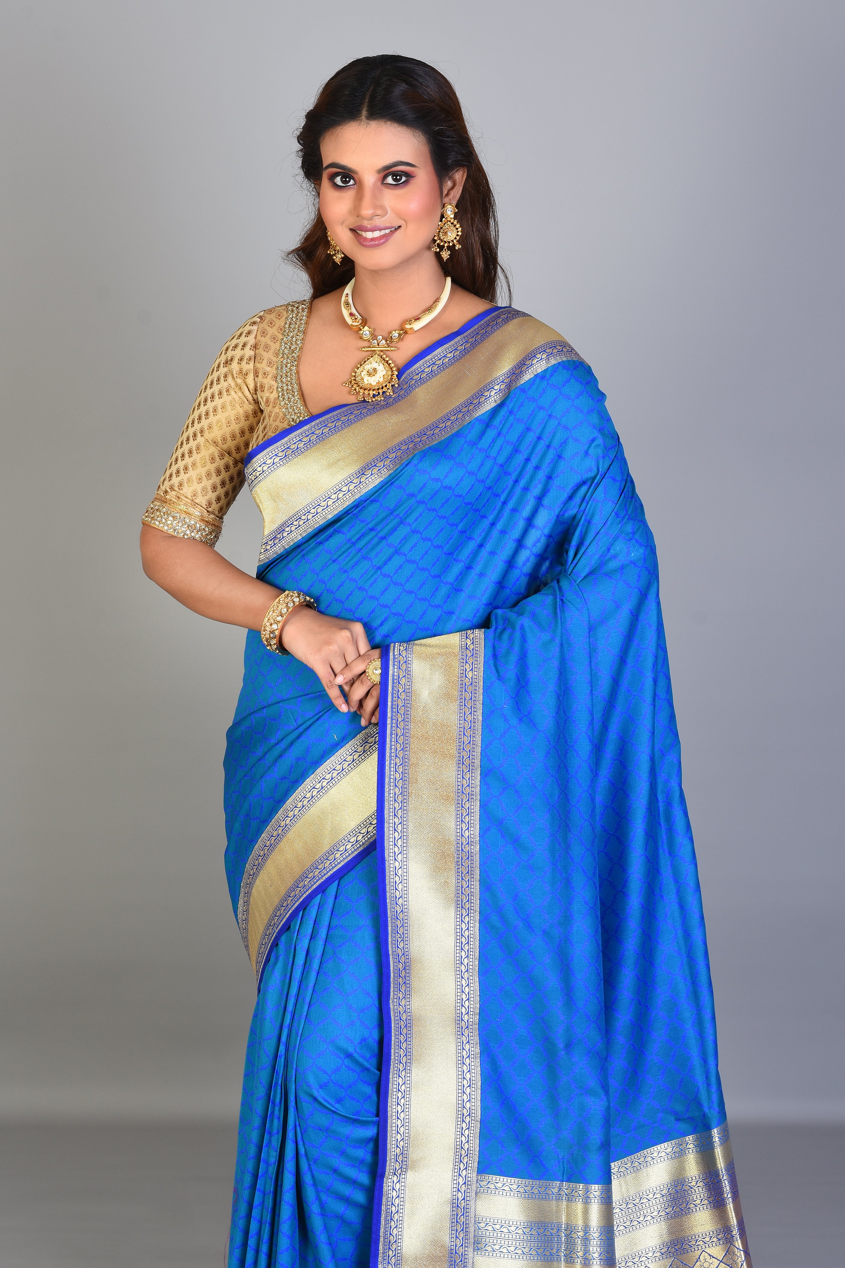 Blue Blended Silk Saree with Golden Borders - Keya Seth Exclusive