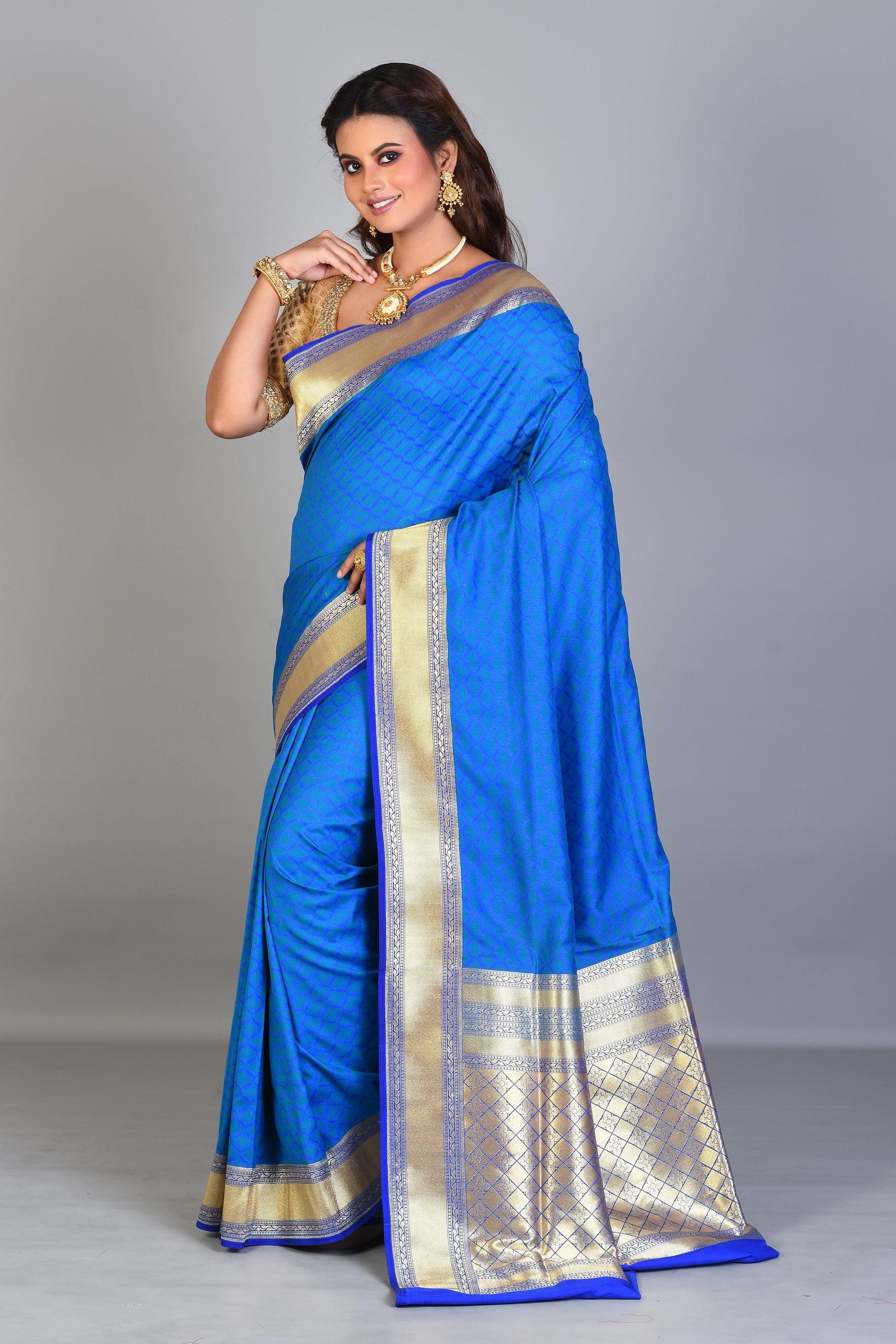 Blue Blended Silk Saree with Golden Borders - Keya Seth Exclusive