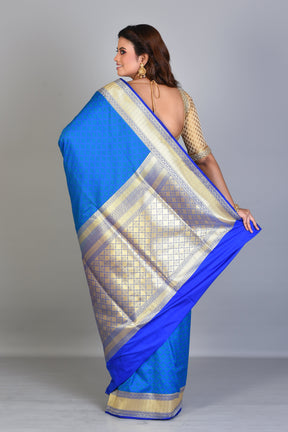 Blue Blended Silk Saree with Golden Borders - Keya Seth Exclusive