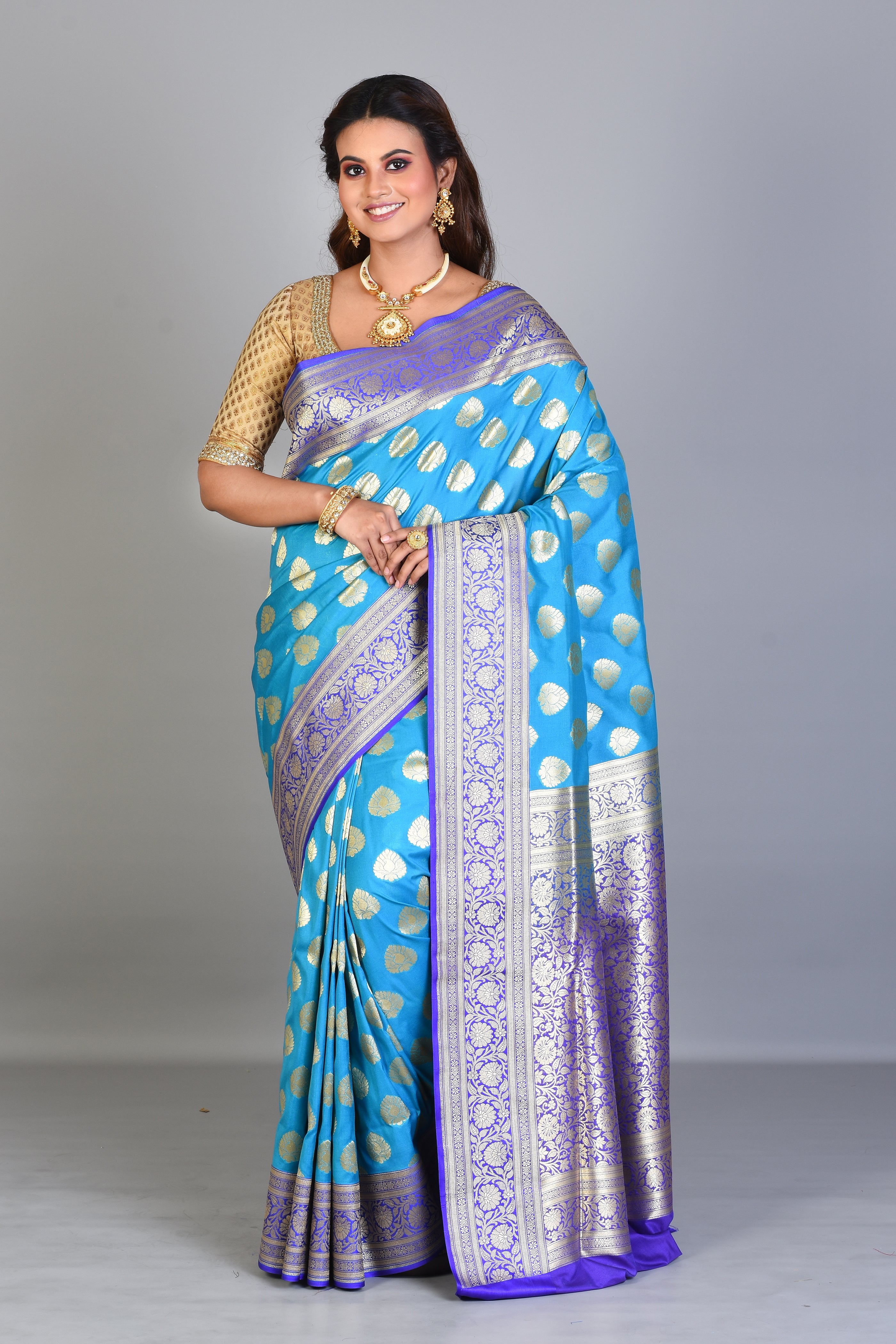 Sky Blue Blended Katan Saree with Purple Borders - Keya Seth Exclusive