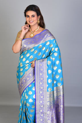 Sky Blue Blended Katan Saree with Purple Borders - Keya Seth Exclusive