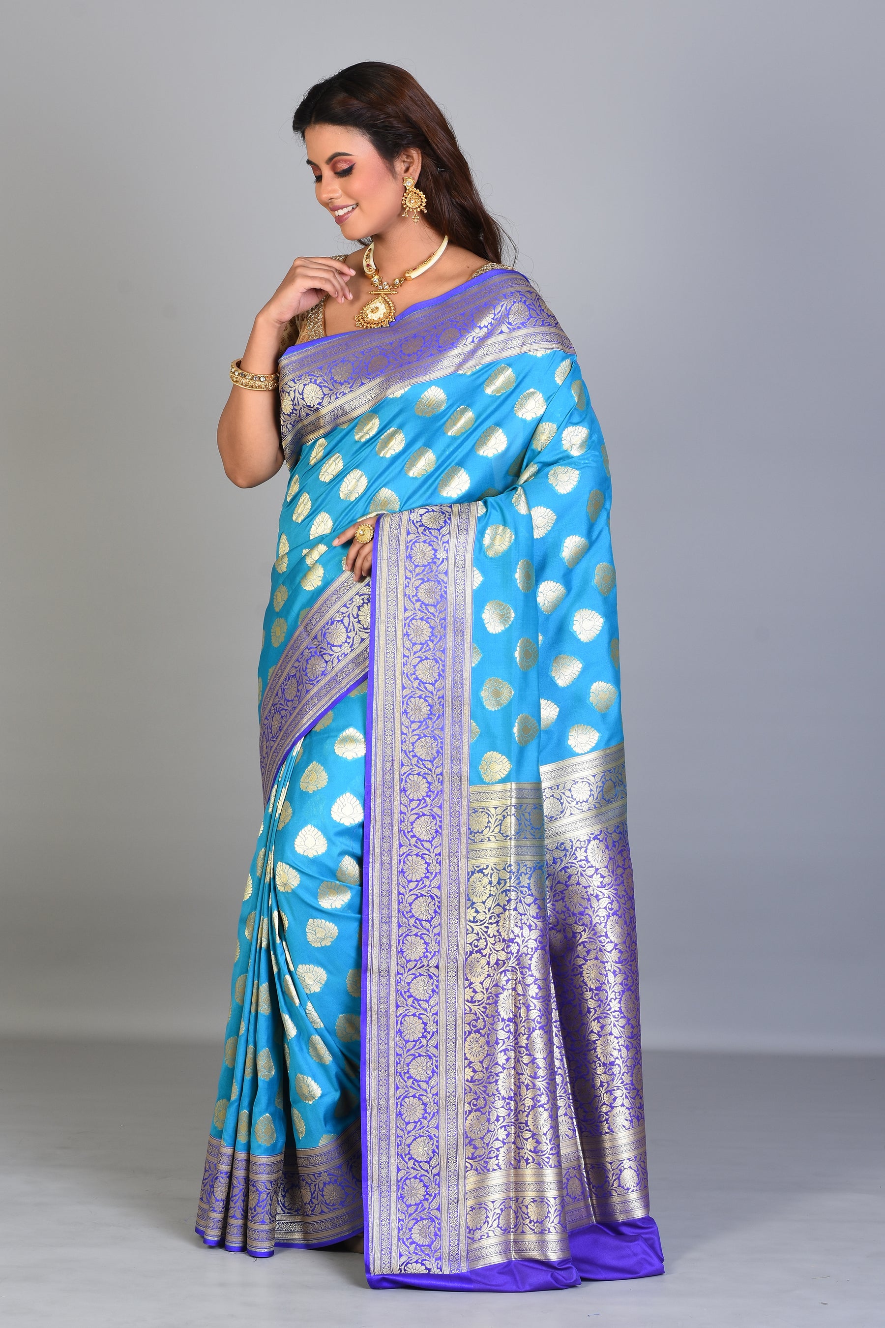 Sky Blue Blended Katan Saree with Purple Borders - Keya Seth Exclusive