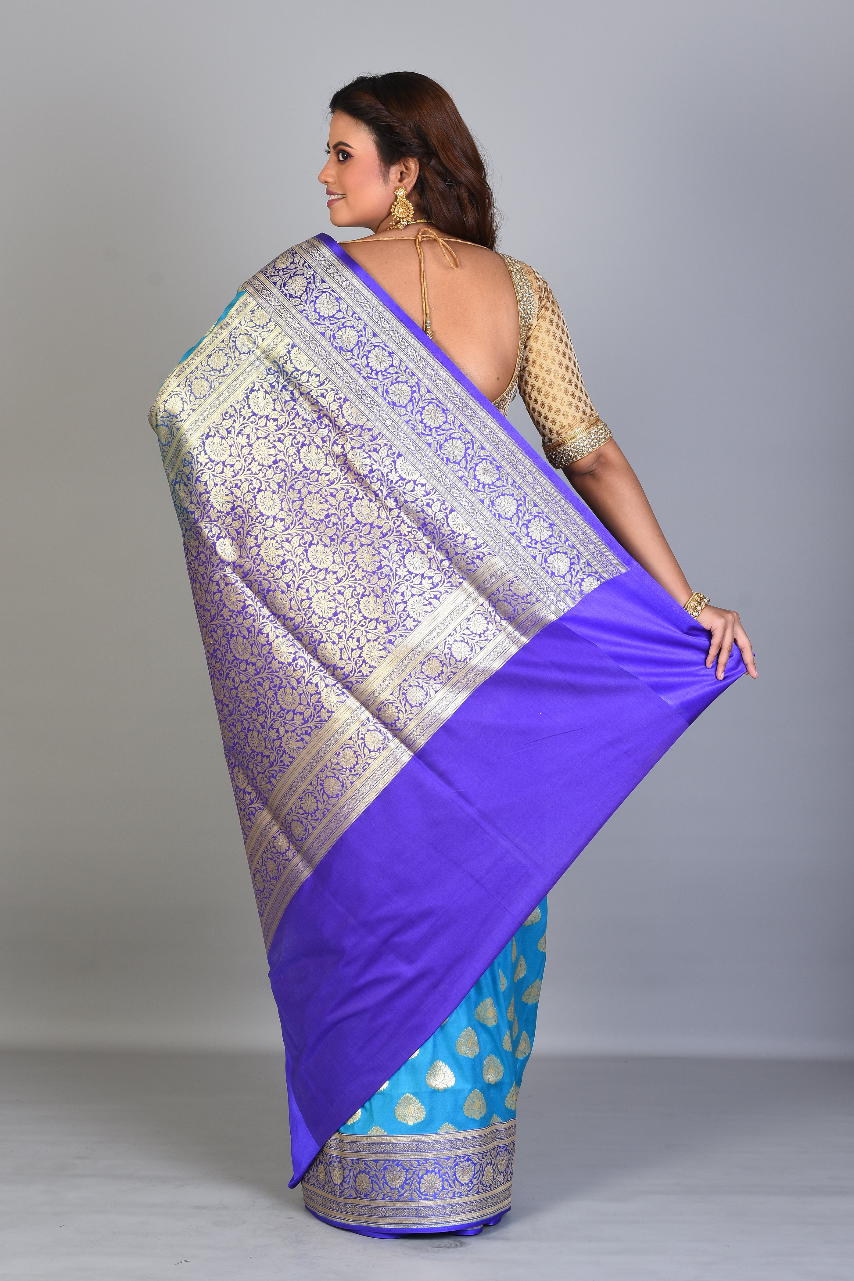 Sky Blue Blended Katan Saree with Purple Borders - Keya Seth Exclusive