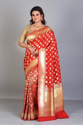 Red Half & Half Blended Silk Saree with Golden Borders - Keya Seth Exclusive