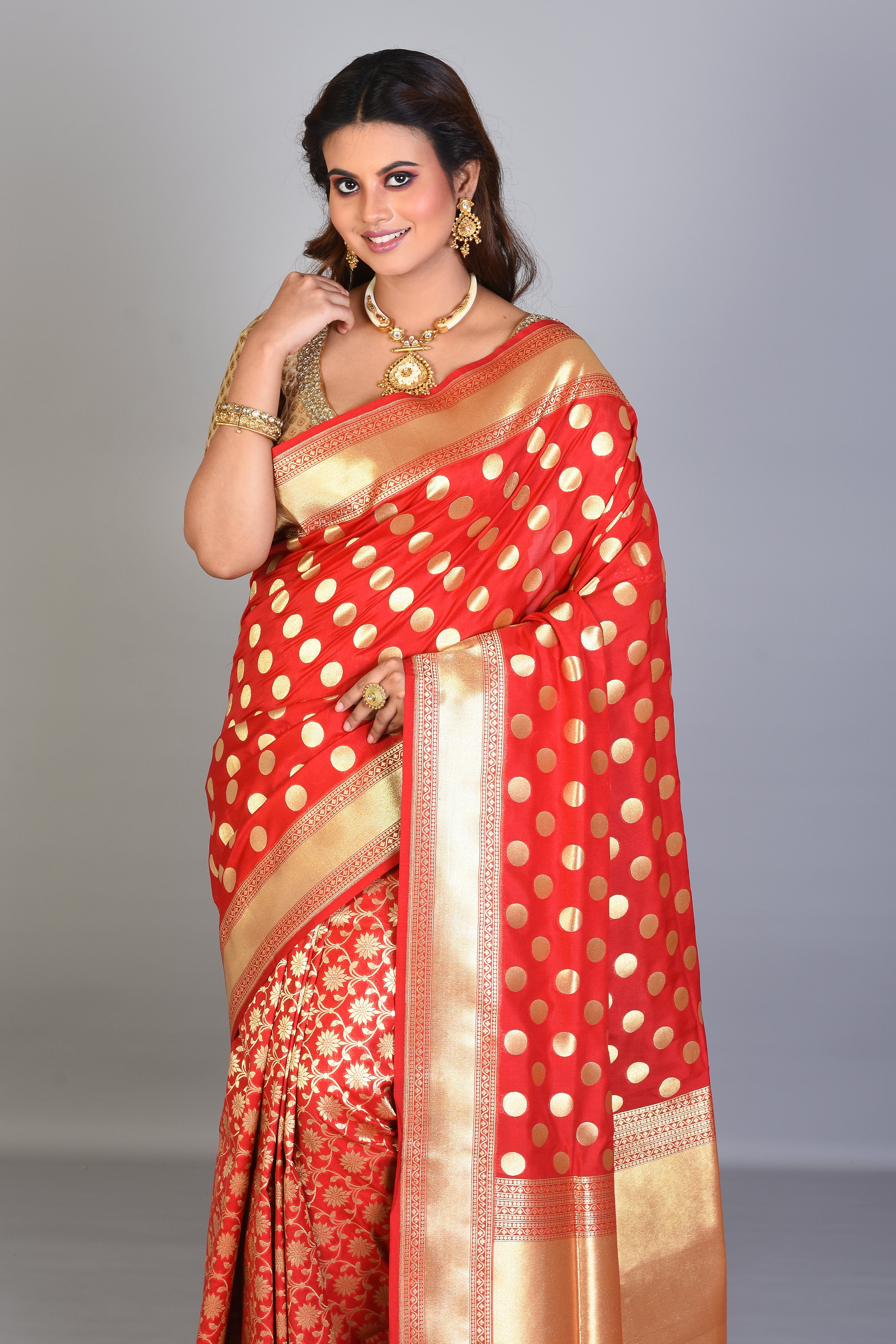 Red Half & Half Blended Silk Saree with Golden Borders - Keya Seth Exclusive