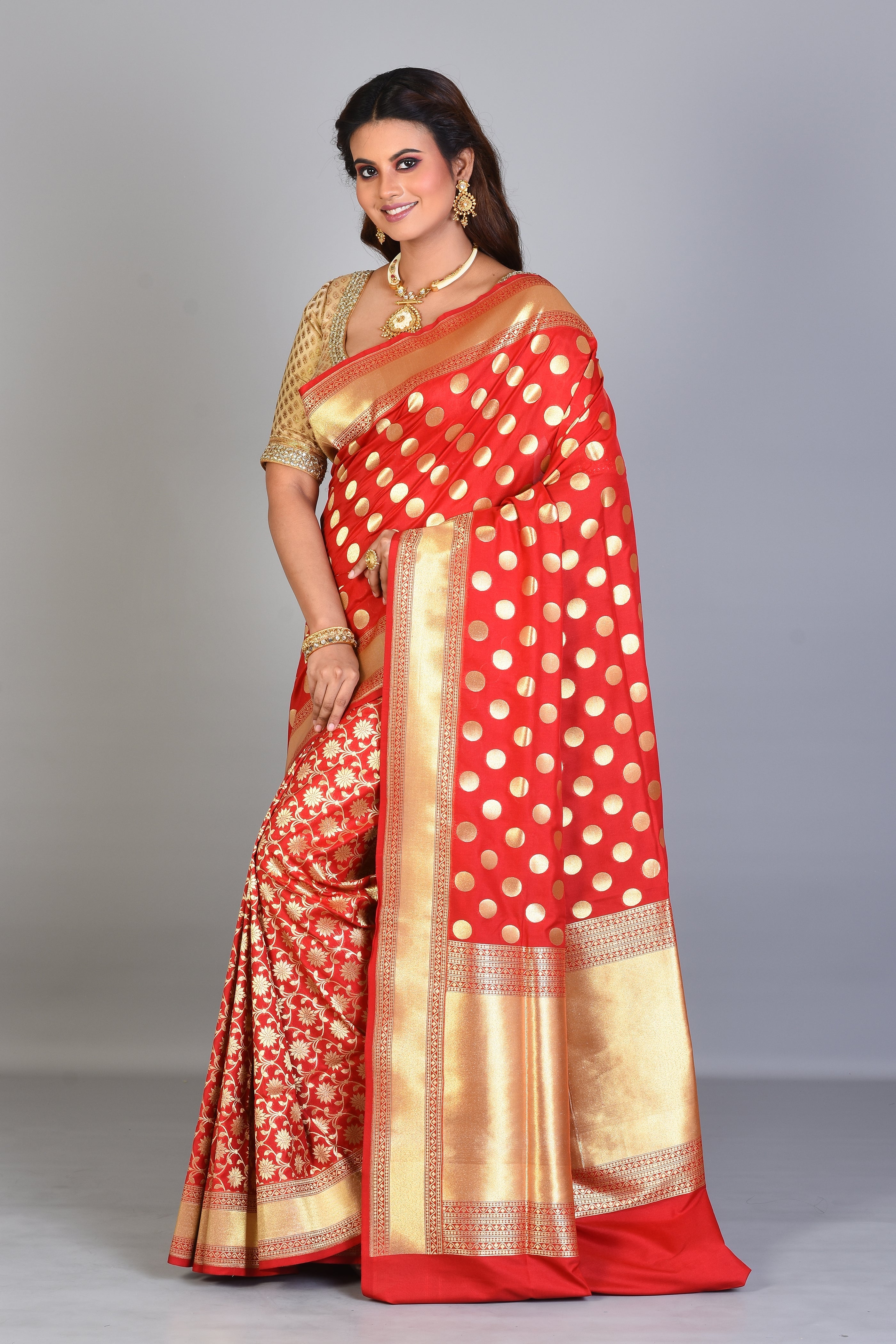 Red Half & Half Blended Silk Saree with Golden Borders - Keya Seth Exclusive