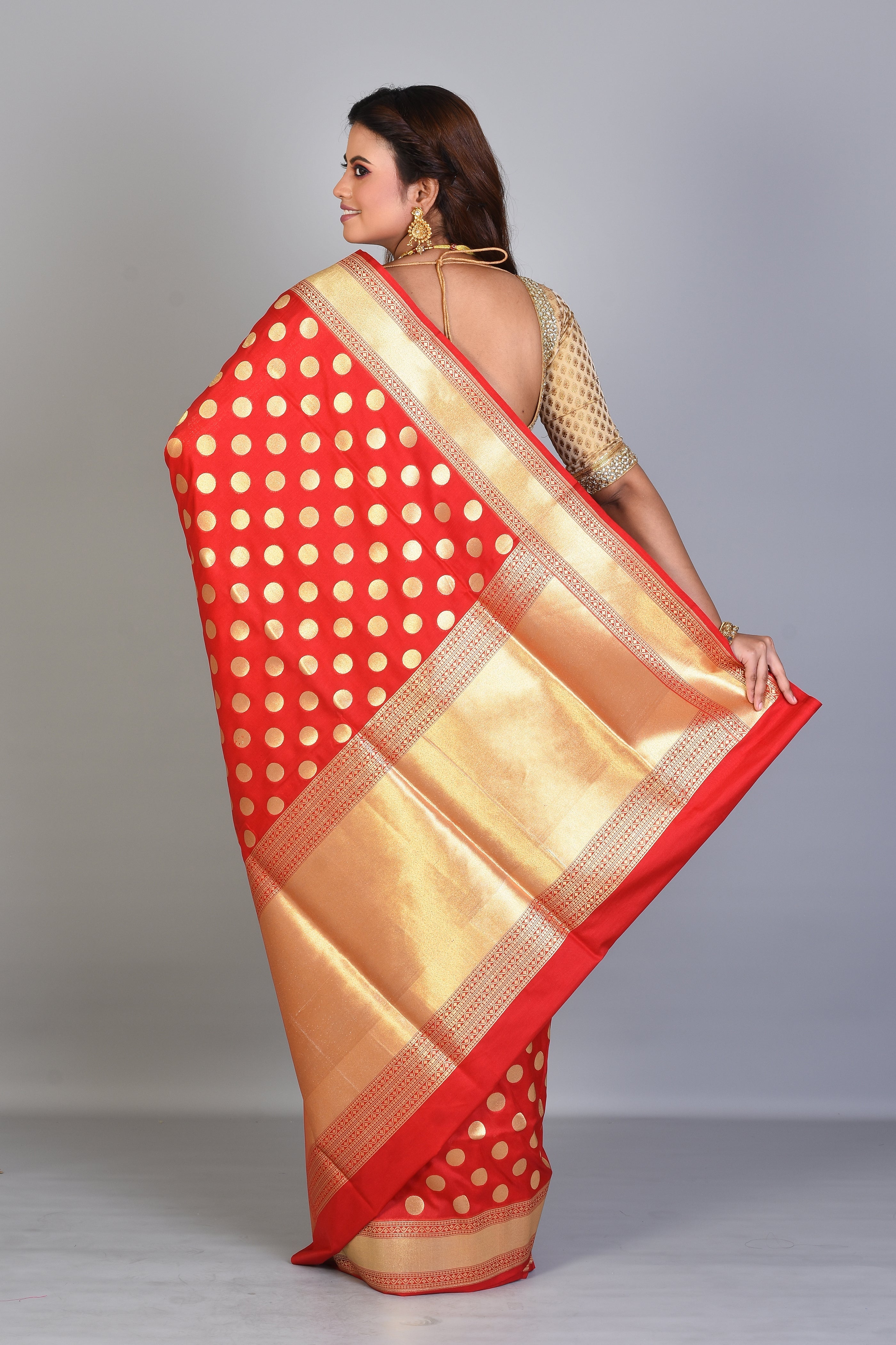 Red Half & Half Blended Silk Saree with Golden Borders - Keya Seth Exclusive