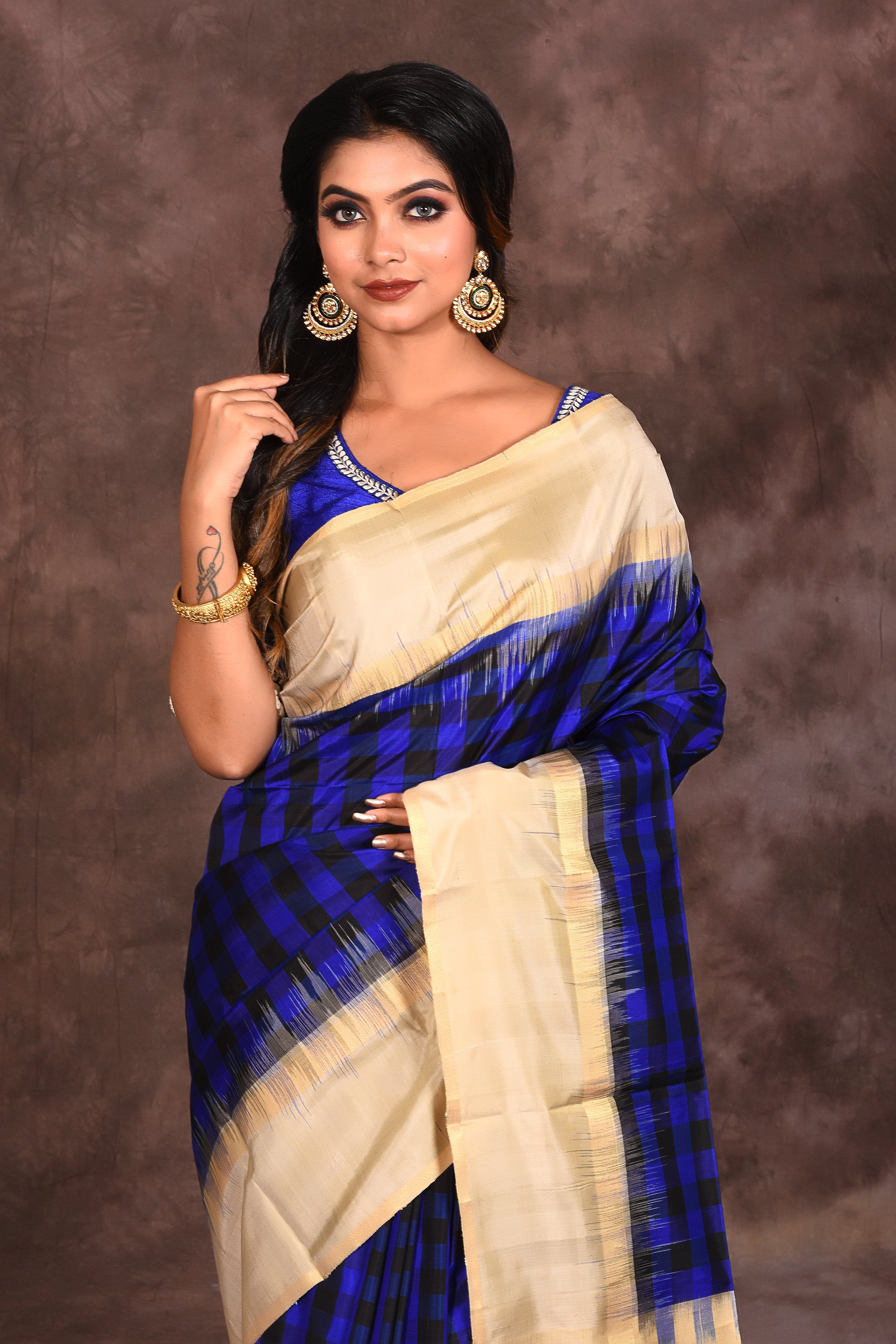 Blue Checkered Silk Saree - Keya Seth Exclusive