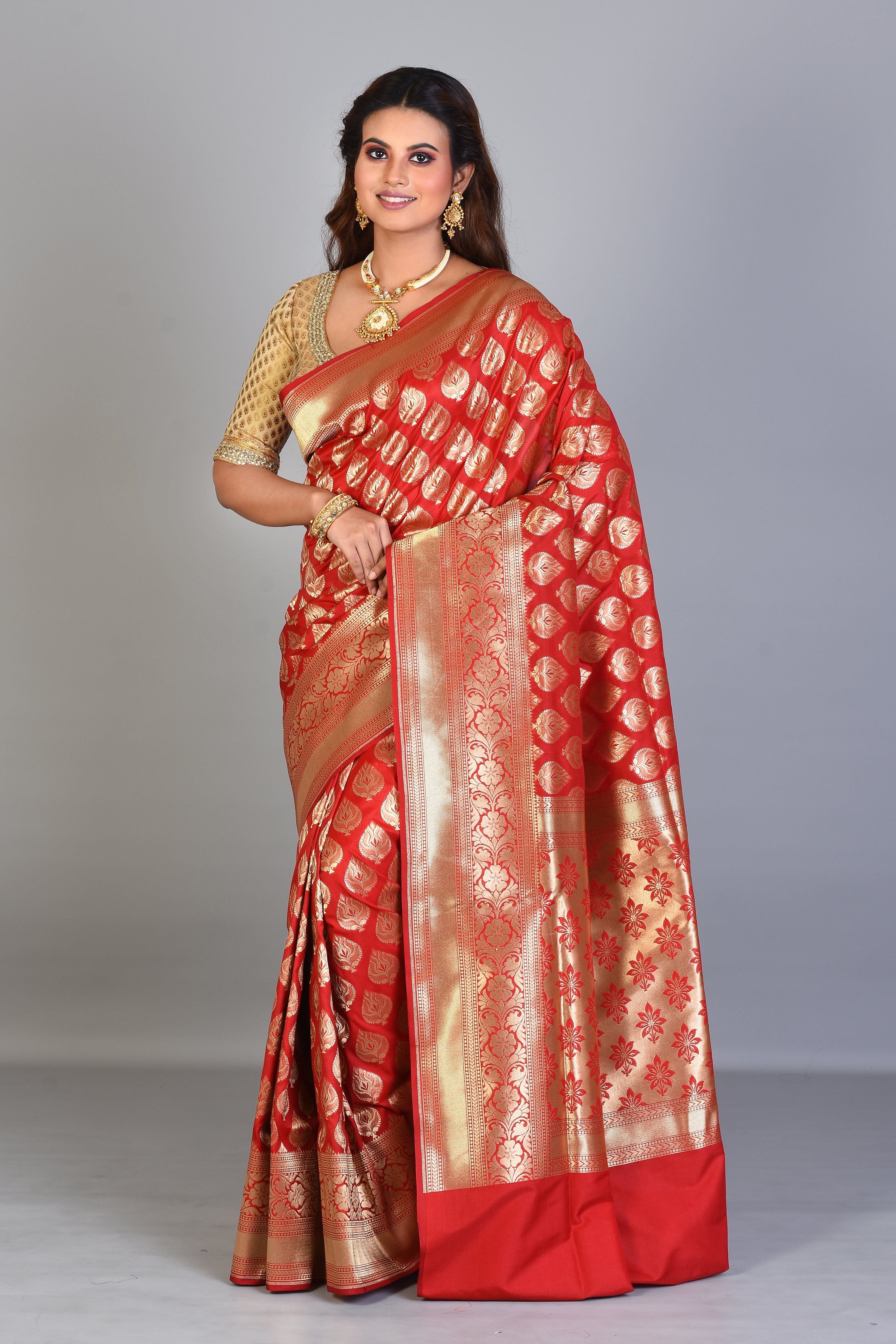 Red Blended Katan Saree with Golden Borders - Keya Seth Exclusive