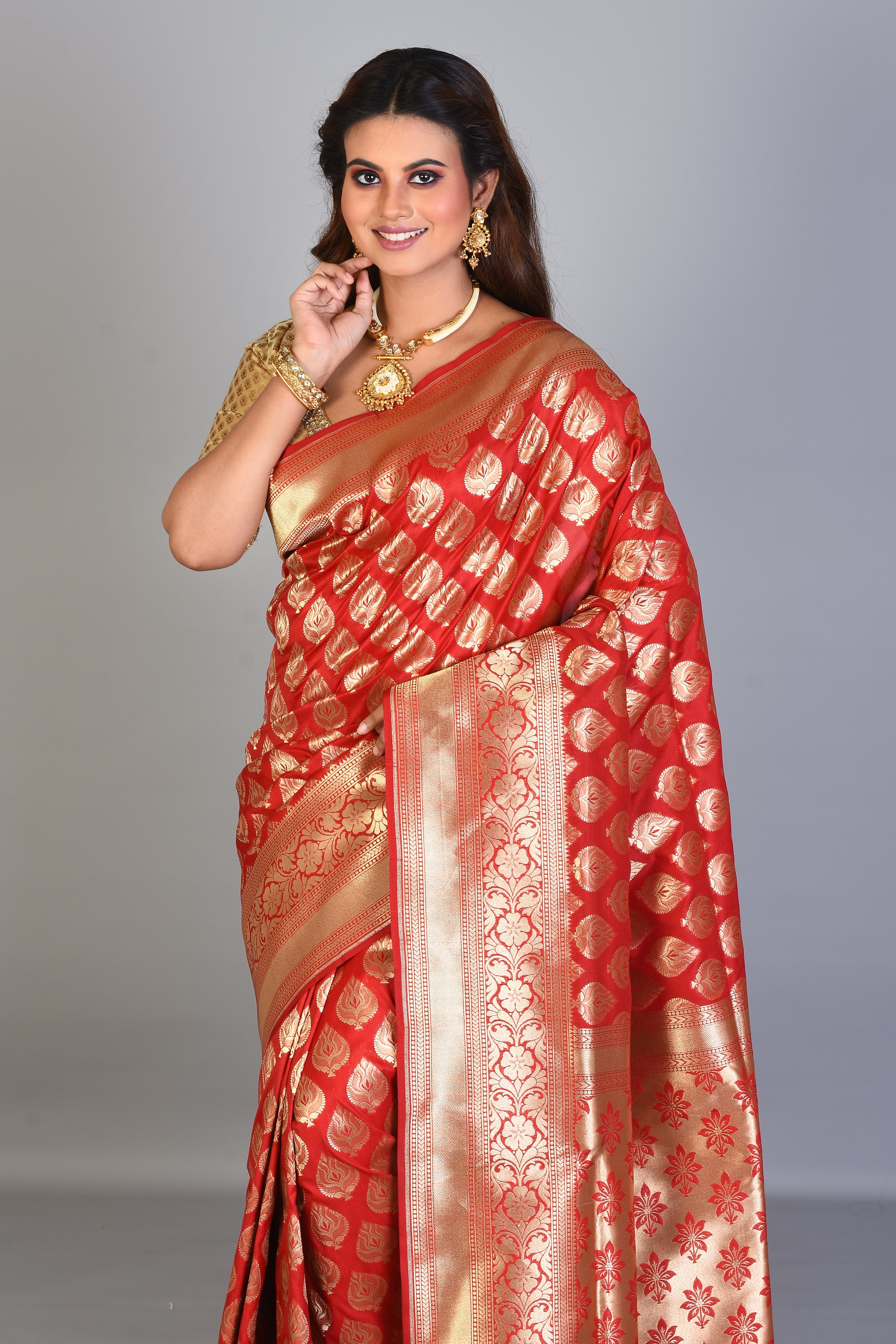 Red Blended Katan Saree with Golden Borders - Keya Seth Exclusive