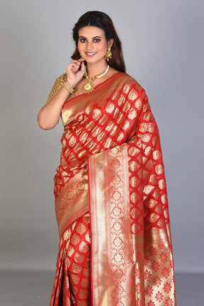 Red Blended Katan Saree with Golden Borders - Keya Seth Exclusive