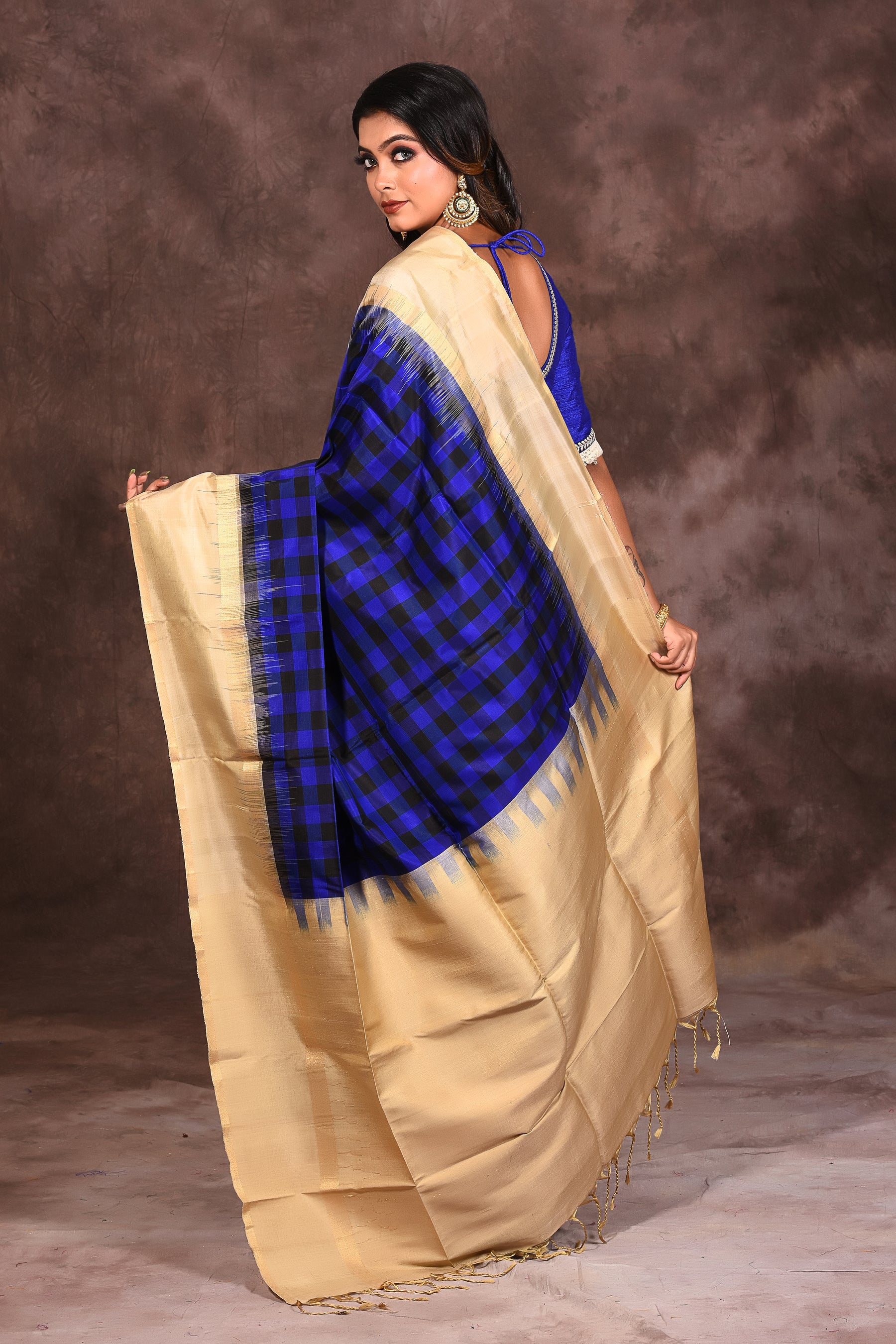 Blue Checkered Silk Saree - Keya Seth Exclusive