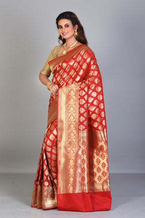 Red Blended Katan Saree with Golden Borders - Keya Seth Exclusive