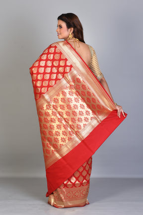 Red Blended Katan Saree with Golden Borders - Keya Seth Exclusive