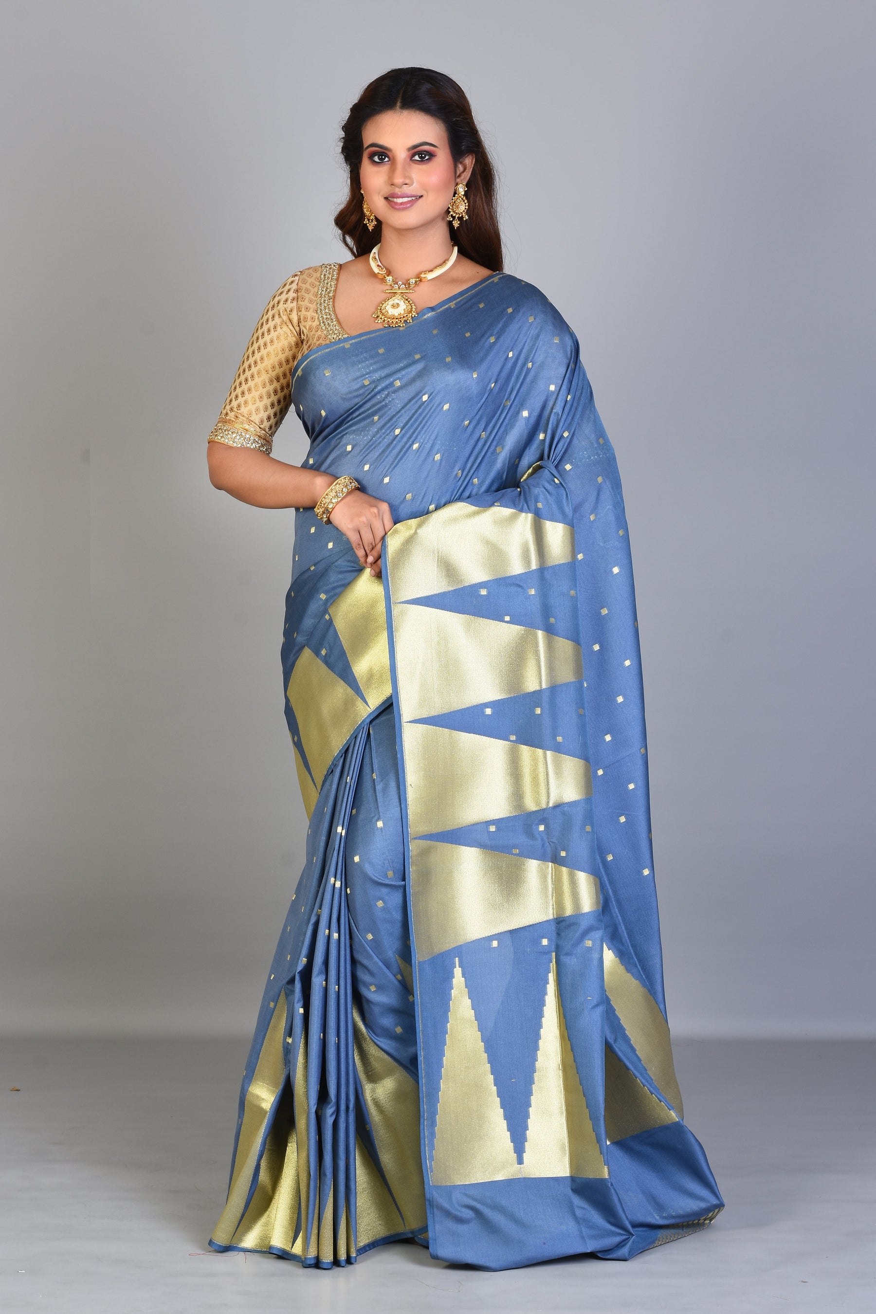 Grey Blended Silk Saree with Temple Border - Keya Seth Exclusive