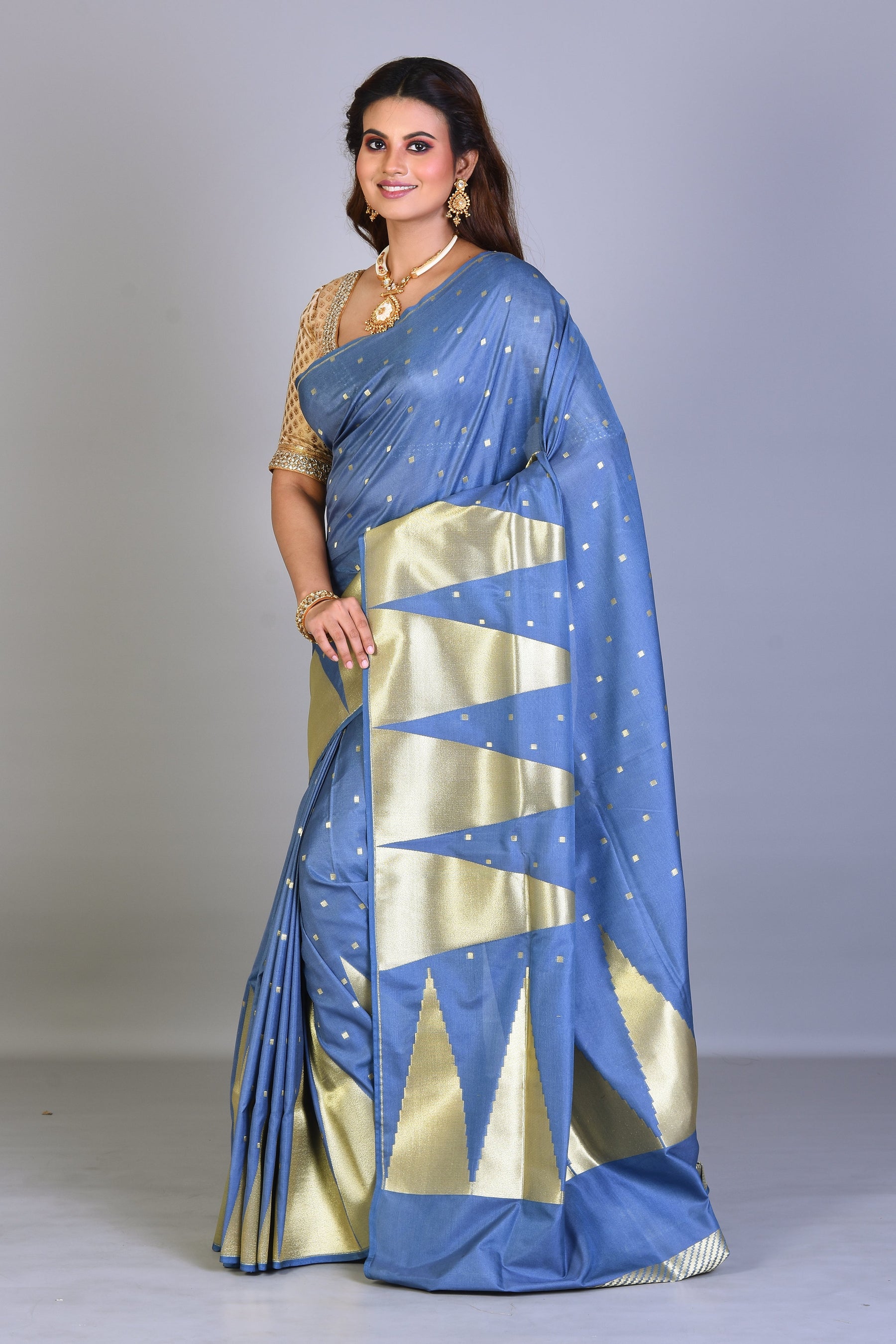 Grey Blended Silk Saree with Temple Border - Keya Seth Exclusive