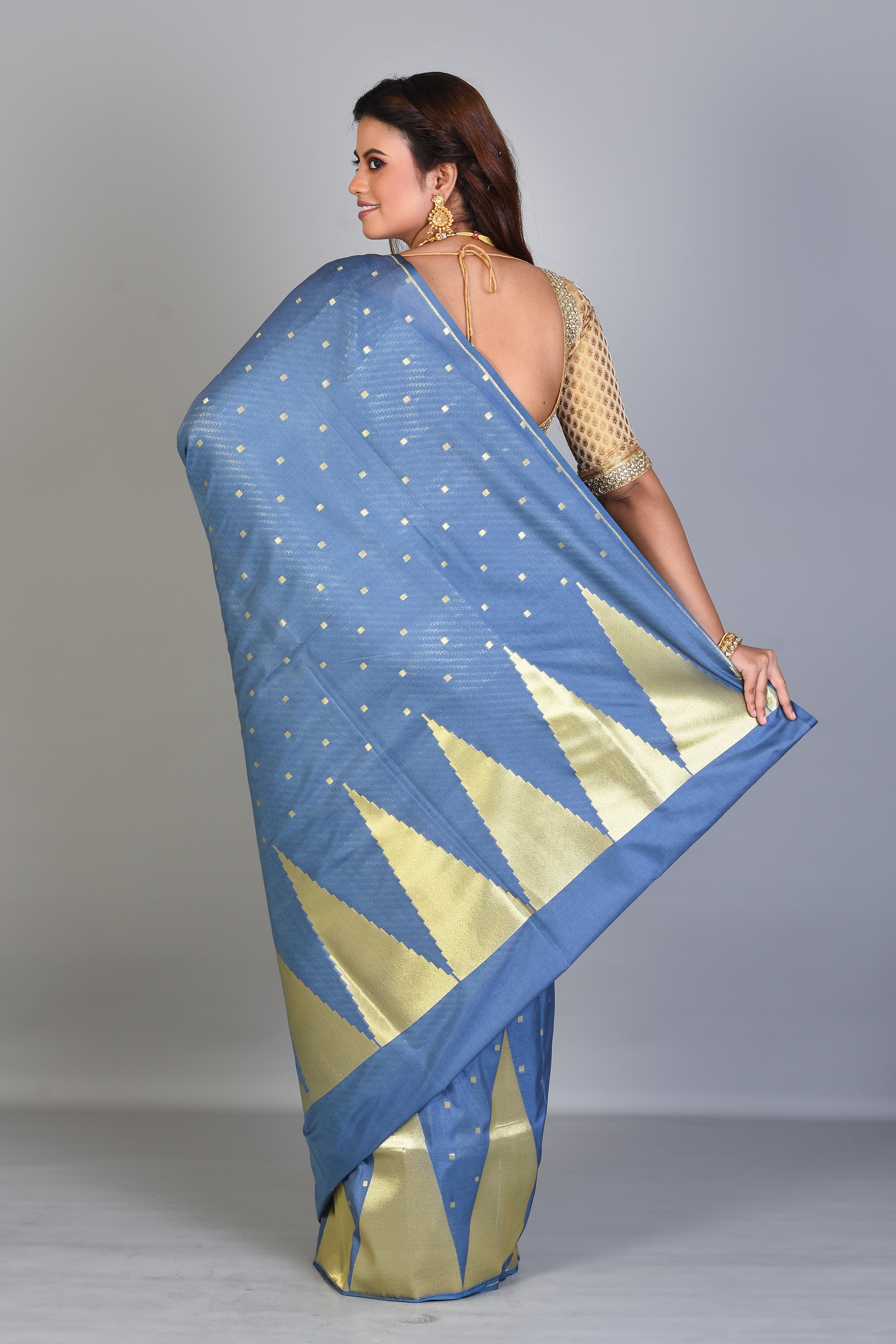 Grey Blended Silk Saree with Temple Border - Keya Seth Exclusive