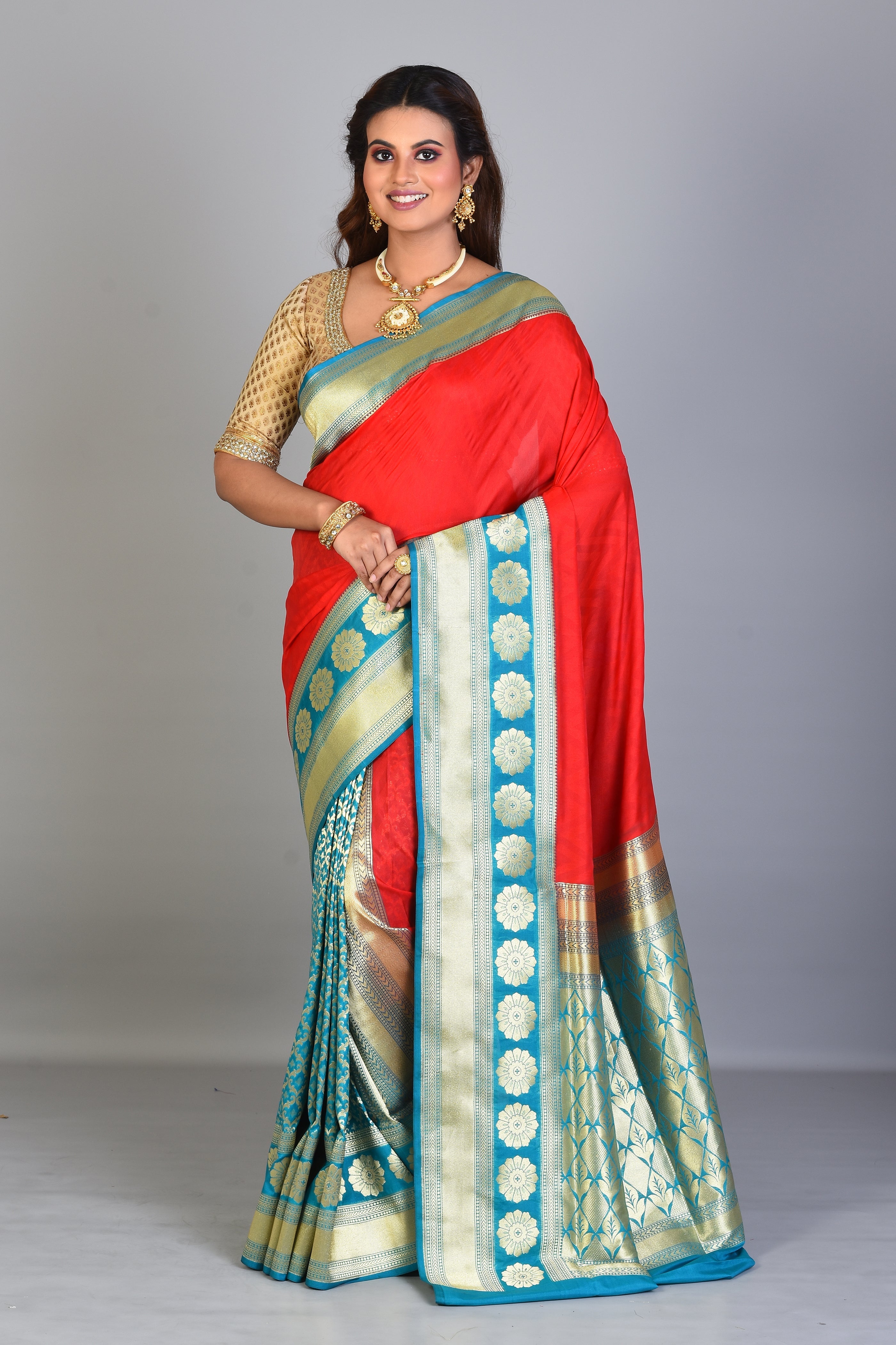 Red & Blue Patli Pallu Blended Silk Saree - Keya Seth Exclusive