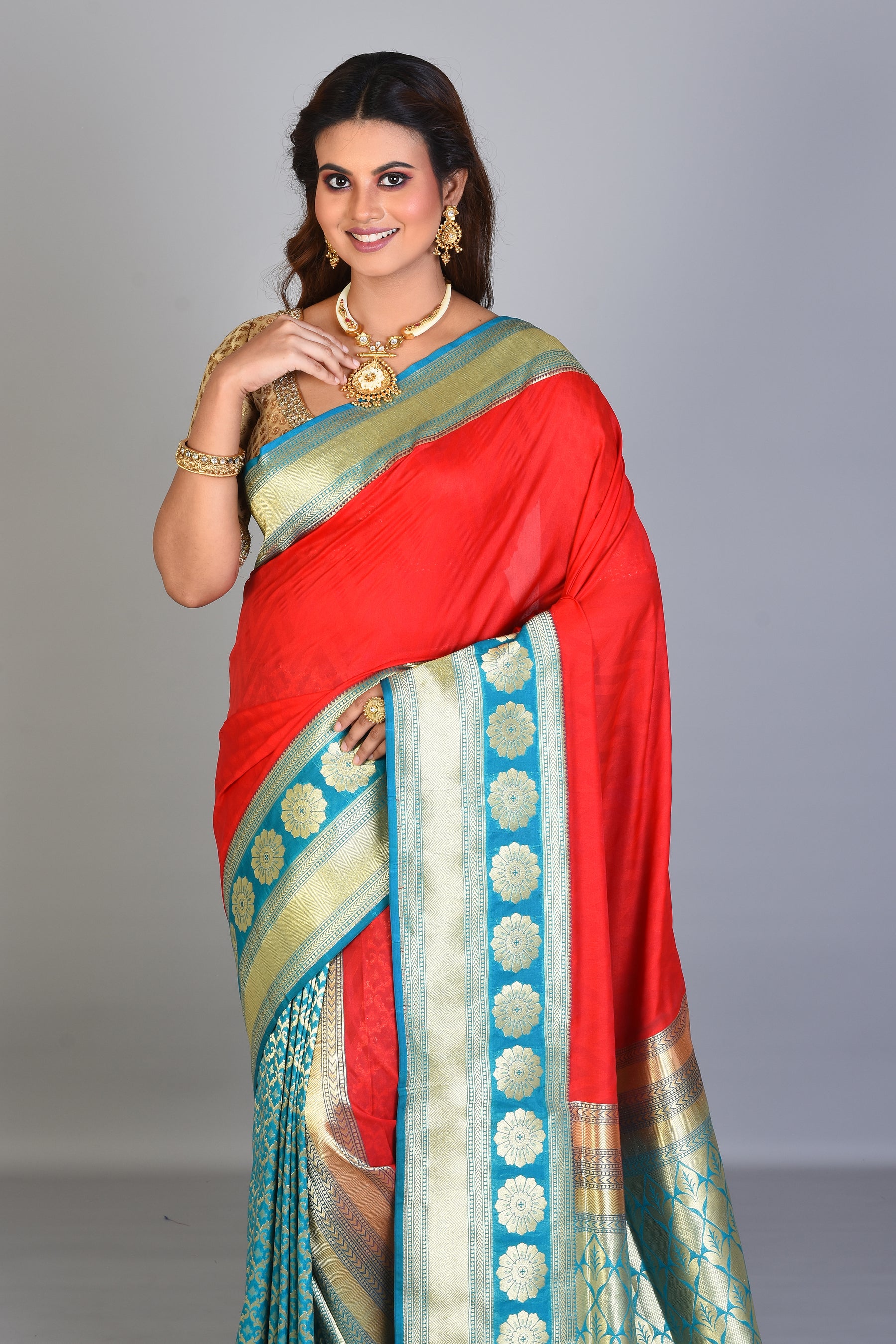 Red & Blue Patli Pallu Blended Silk Saree - Keya Seth Exclusive