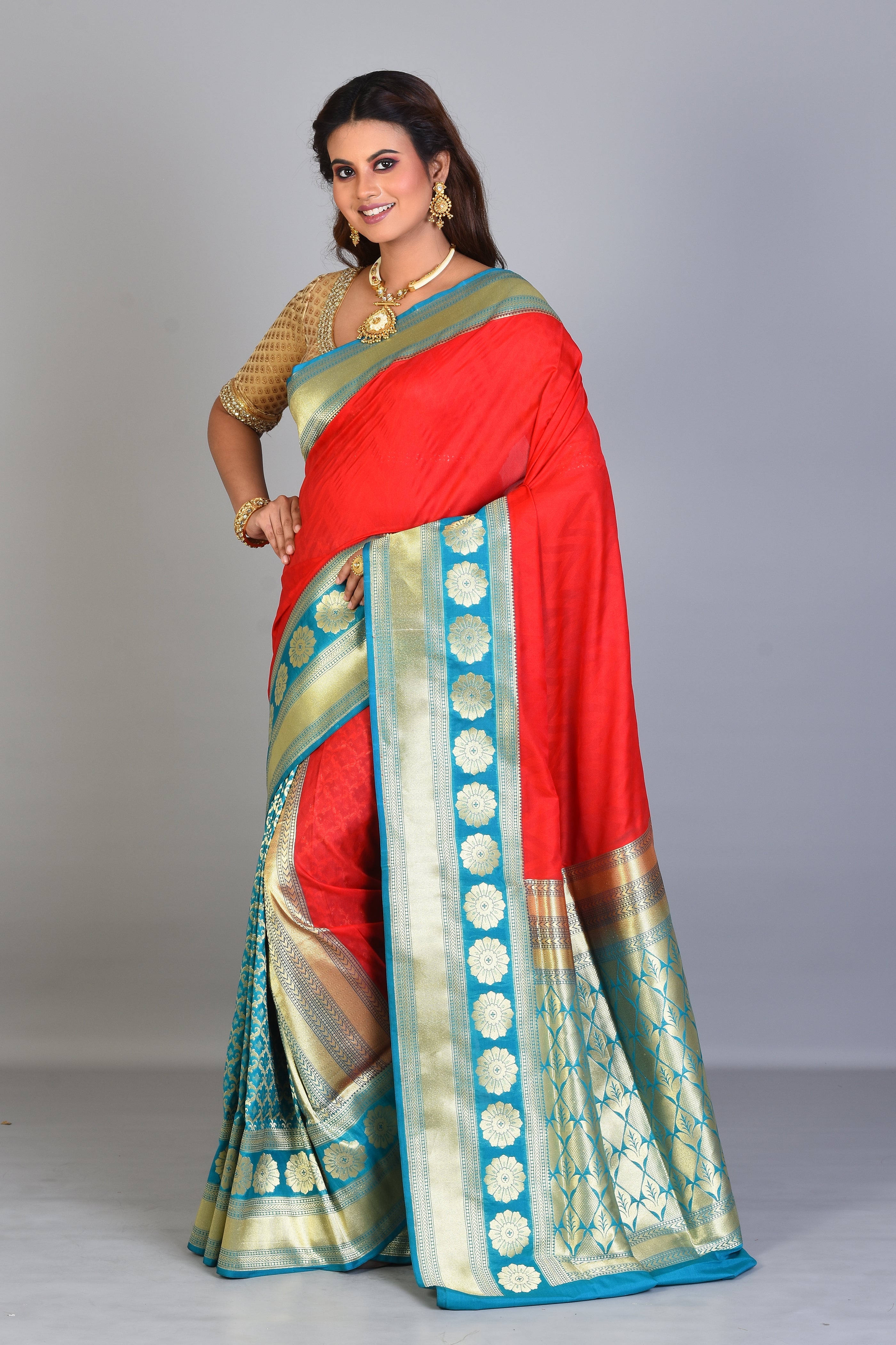 Red & Blue Patli Pallu Blended Silk Saree - Keya Seth Exclusive