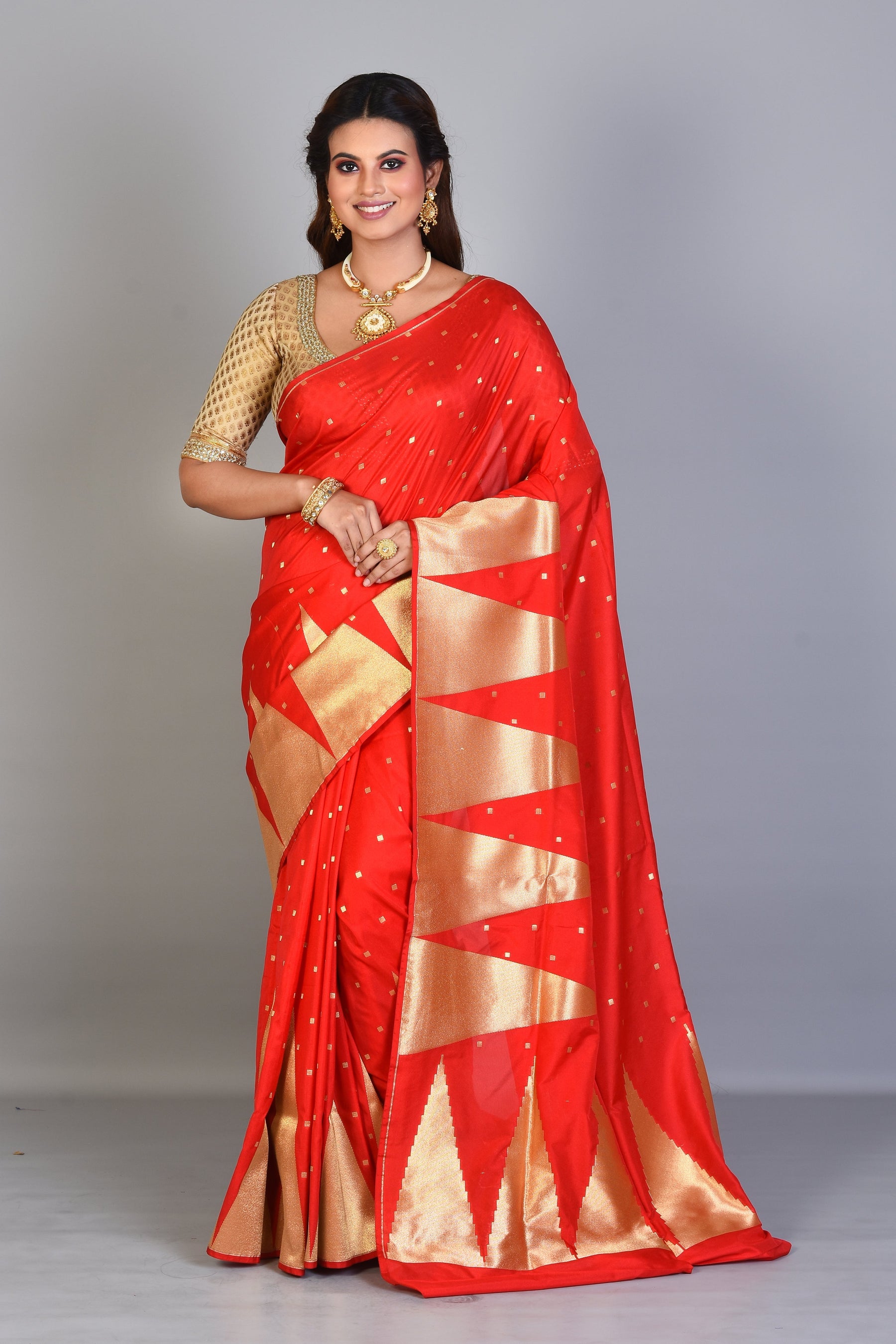 Red Blended Silk Saree with Temple Border - Keya Seth Exclusive