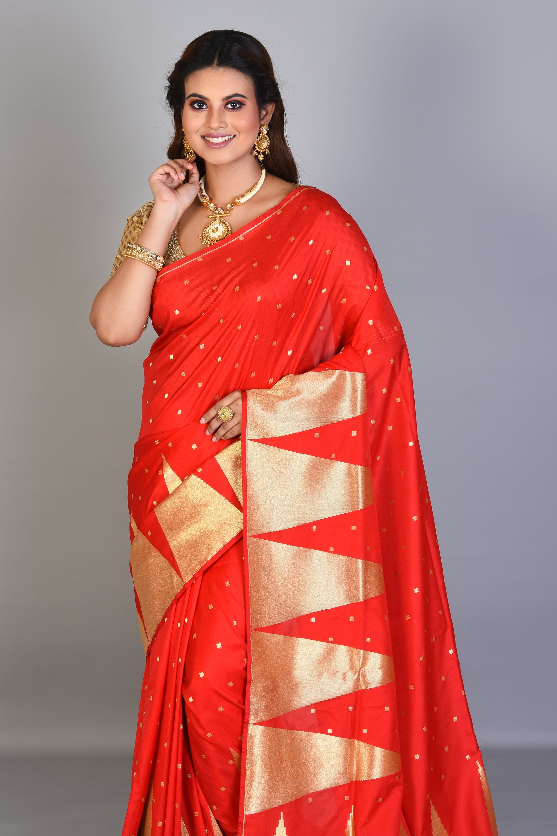 Red Blended Silk Saree with Temple Border - Keya Seth Exclusive